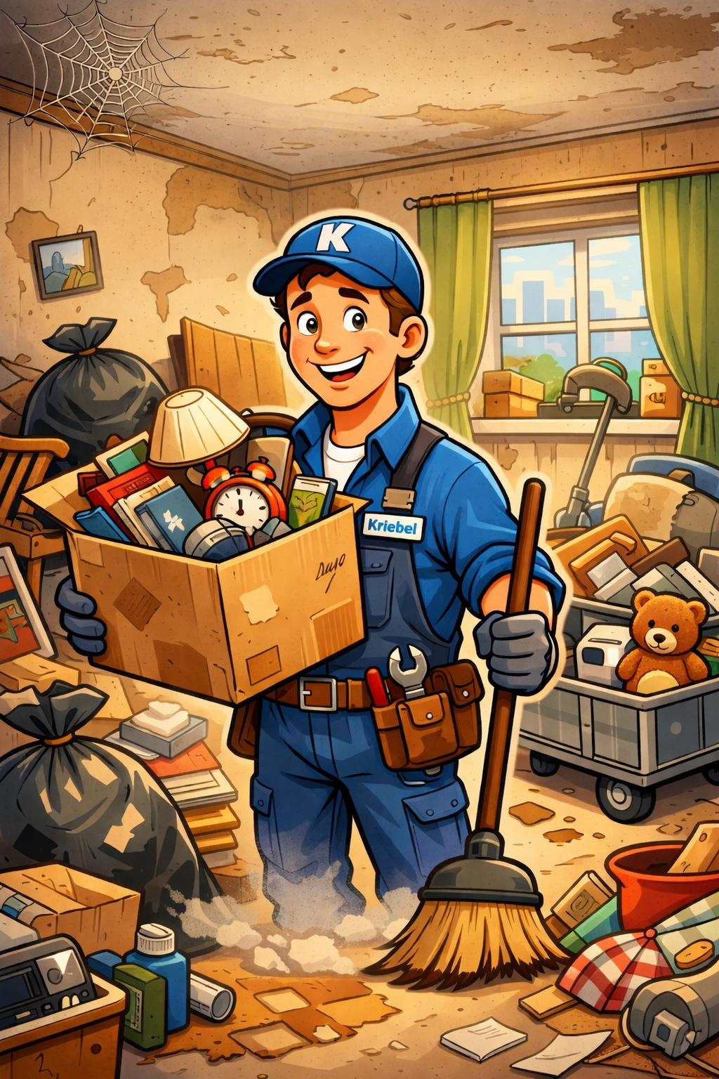 Ein Handwerker mit blauer Arbeitskleidung und Mütze, der einen Karton voller alten Gegenständen hält, in einem Raum voller Müll und Gegenstände, die gereinigt werden. Der Raum ist alt und unordentlich, mit Pfützen auf dem Boden, und es gibt Staub und Schmutz. Der Handwerker lächelt freundlich.