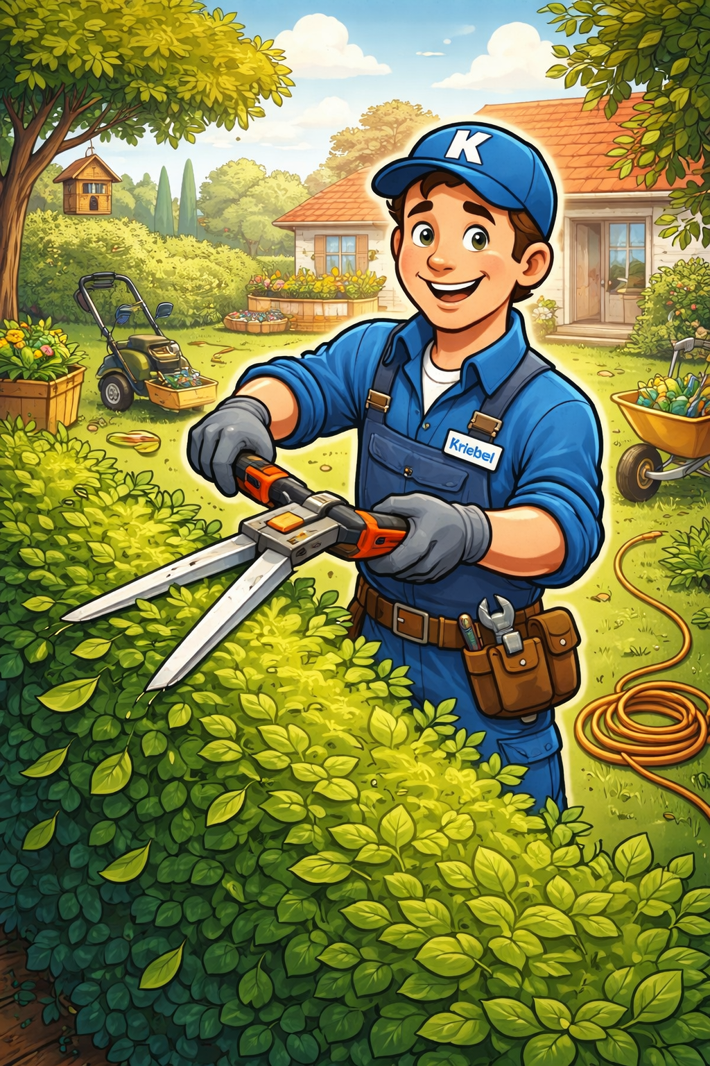 Gärtner schneidet Buchsstrauch mit Elektroschere in einem Garten mit Bäumen, Rasen, einem Haus, Gartenwerkzeugen und Blumen.