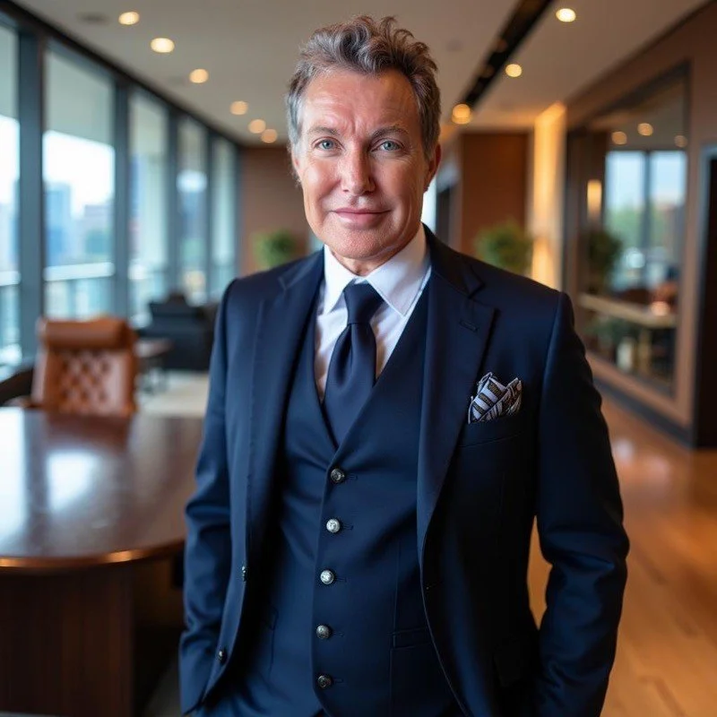 A confident middle-aged man with gray hair and blue eyes in a modern office, wearing a navy suit, white shirt, navy tie, and a pocket square, standing with his hand in his pocket.