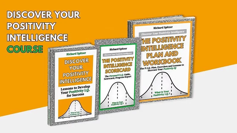 Three books titled "Discover Your Positivity Intelligence" and "The Positivity Intelligence Scorecard." The covers show a bell curve graph and colorful design, with an orange, white, and green color scheme. Text on the background reads "Discover Your Positivity Intelligence Course."