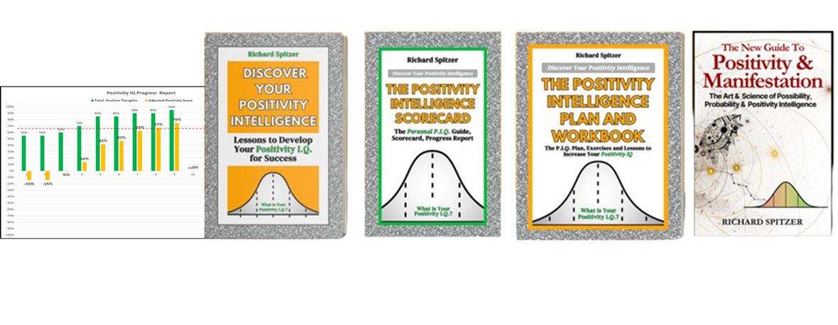 Collection of five books and a chart about positivity IQ. The books are titled "Discover Your Positivity Intelligence," "The Positivity Intelligence Score Card," "The Positivity IQ Plan and Workbook," and "The New Guide to Positivity & Manifestation."