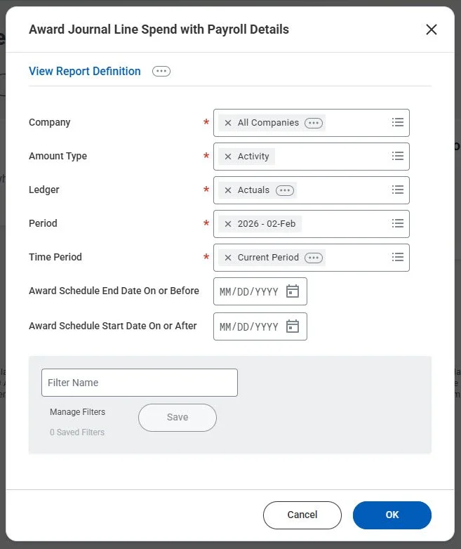 Prompts for running the Award Journal Line Spend with Payroll Details Report