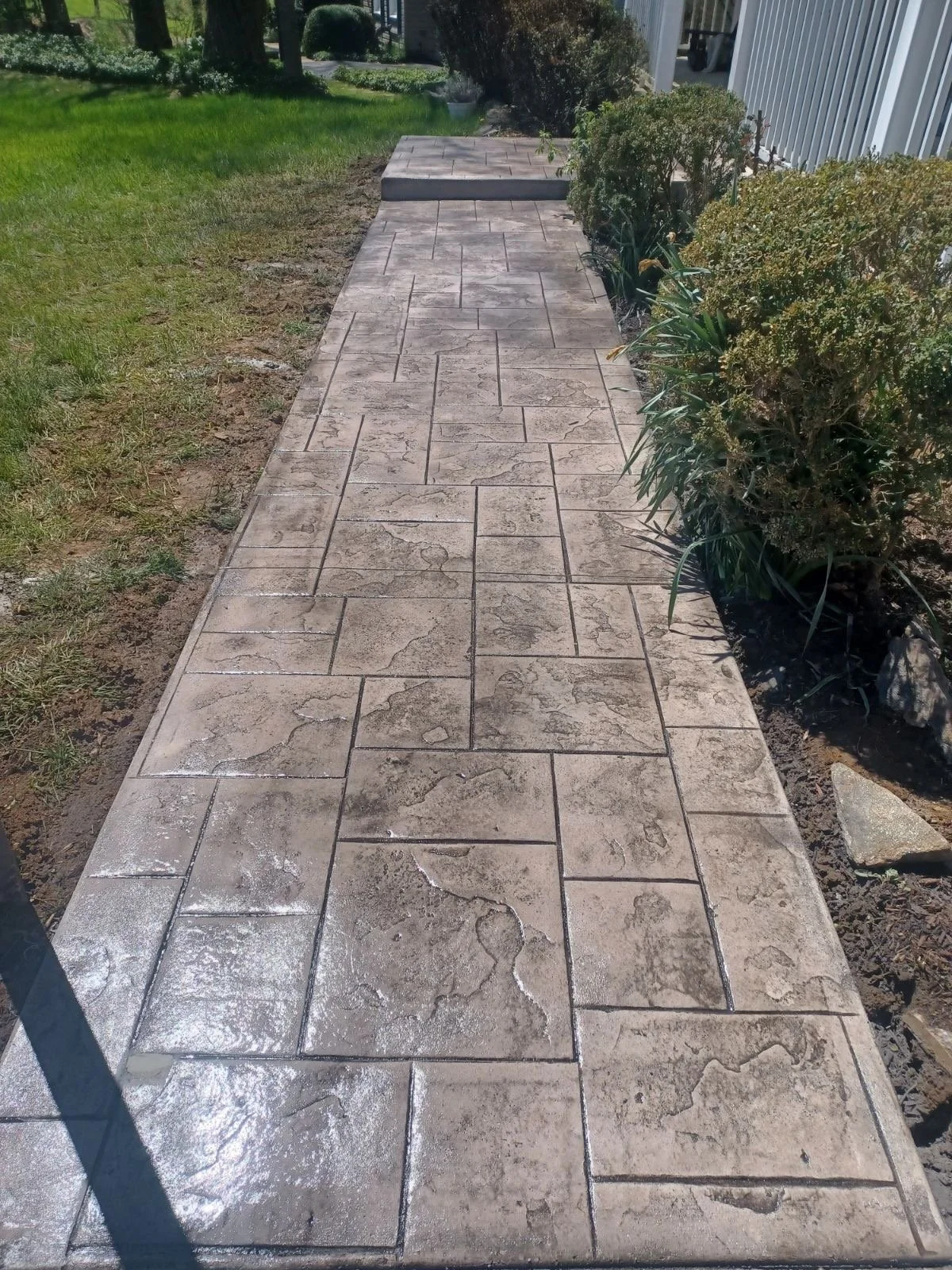 Concrete pathway with textured pattern and slight sheen, bordered by grass and bushes, leading to a small set of steps and a house.