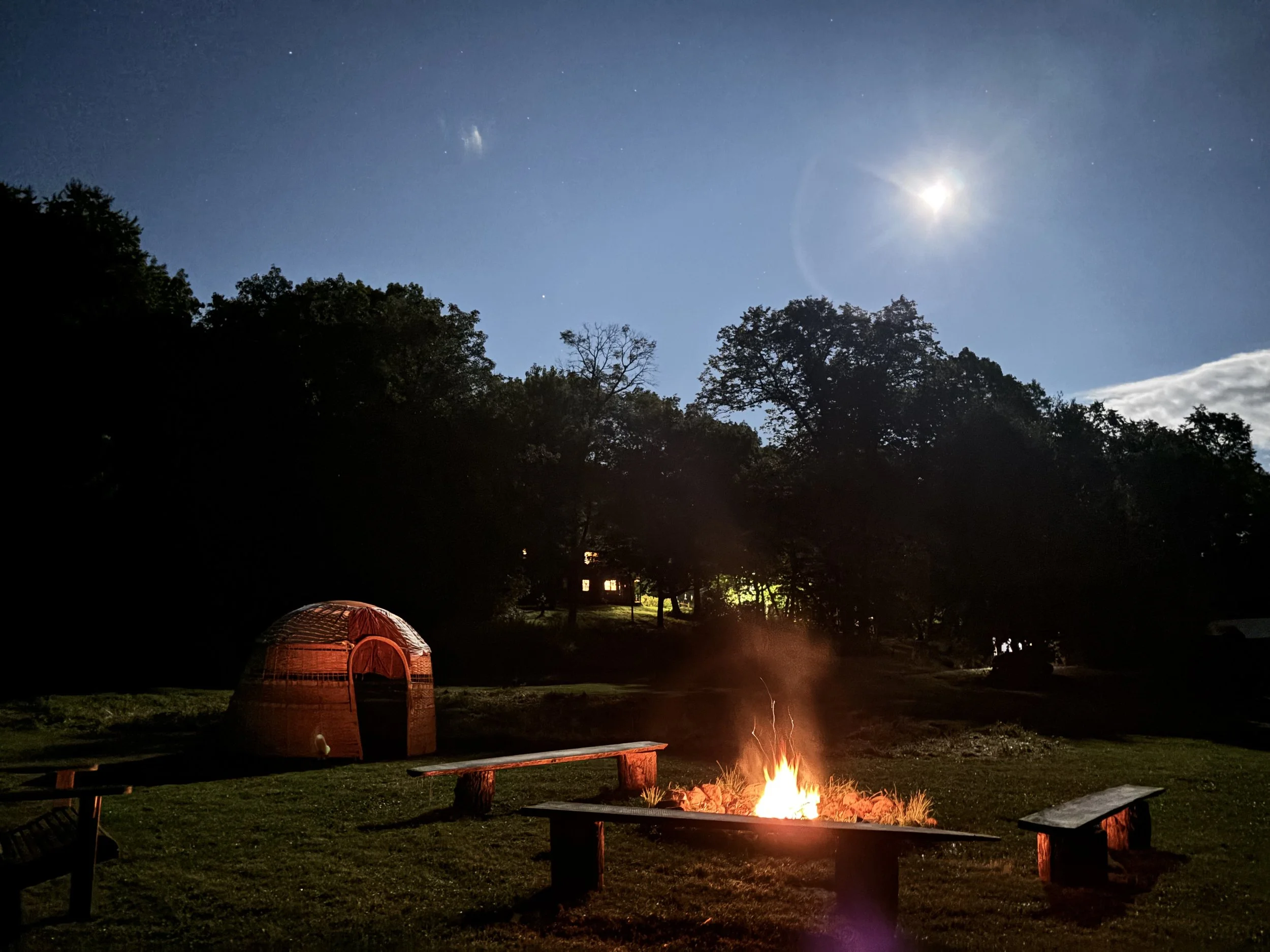 Nighttime outdoor scene with a campfire, picnic tables, a wicker dome-shaped shelter, trees, and a bright moon in the sky.