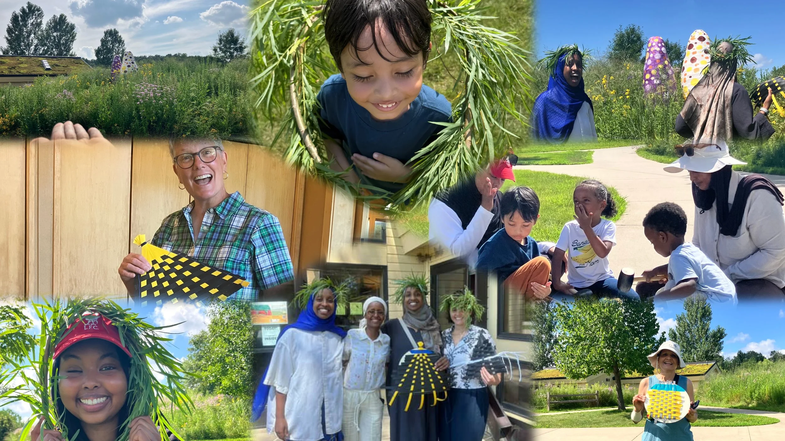 A collage of various outdoor and indoor scenes featuring diverse groups of people, children, and adults. Some are smiling, engaging in activities, or interacting with each other amid green landscapes, buildings, and sunny weather.