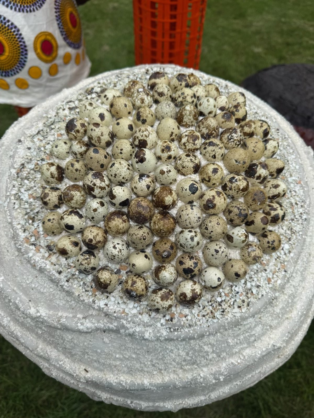 A plate of quail eggs with a decorative cloth and red basket in the background.