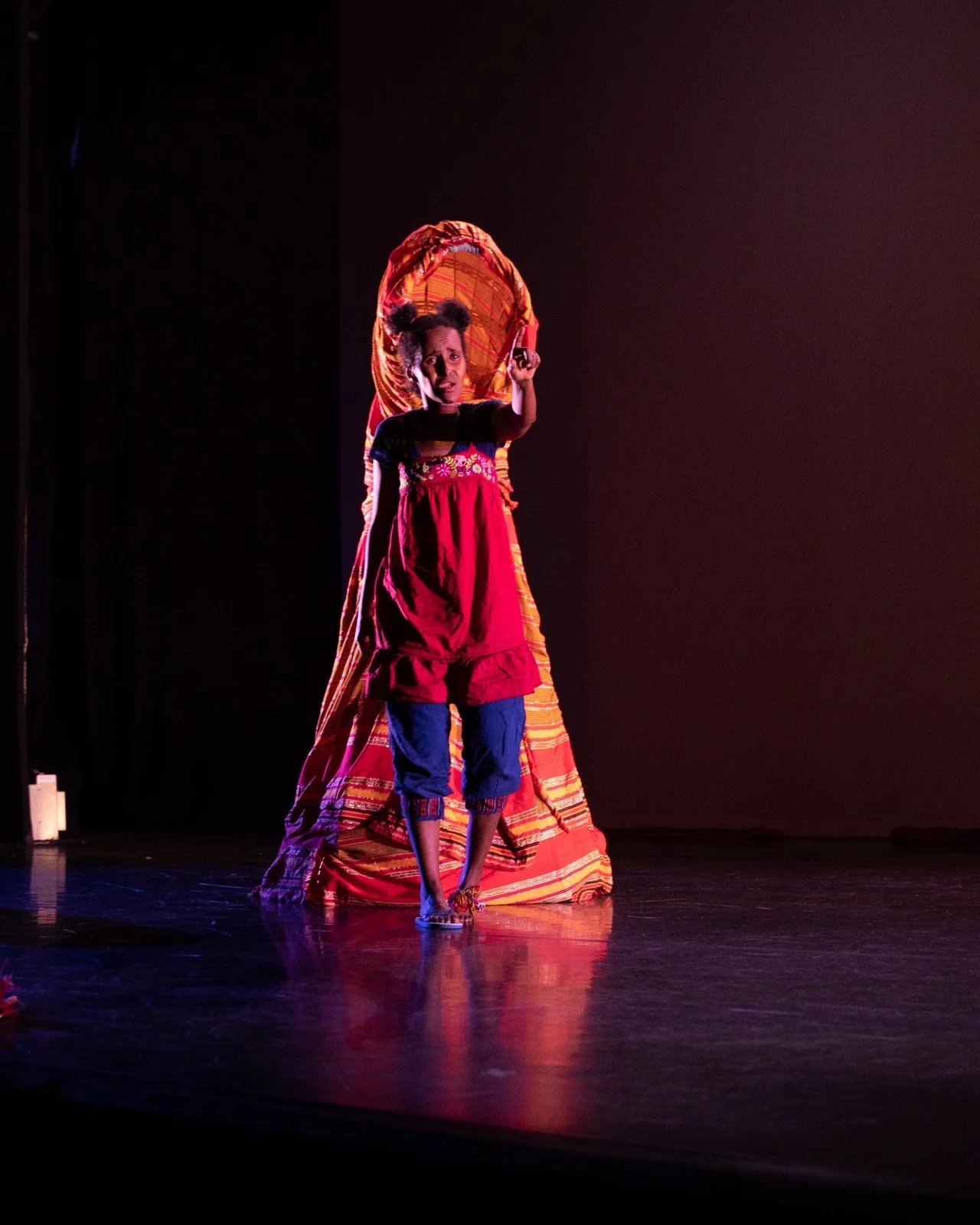 Dancer on stage in colorful costume, standing with one arm raised, with a large striped fabric behind them.