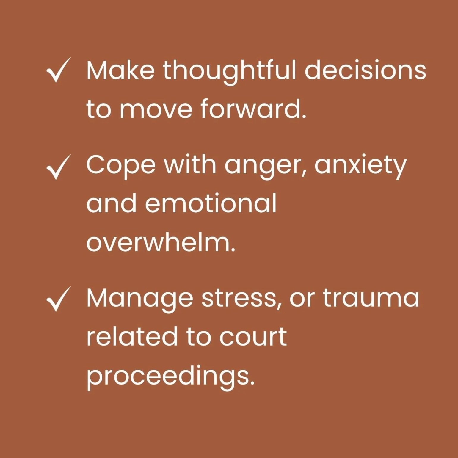 A brown background with white text listing positive mental health tips, including making thoughtful decisions, coping with anger and emotional overwhelm, and managing stress or trauma related to court proceedings, each with a check mark.