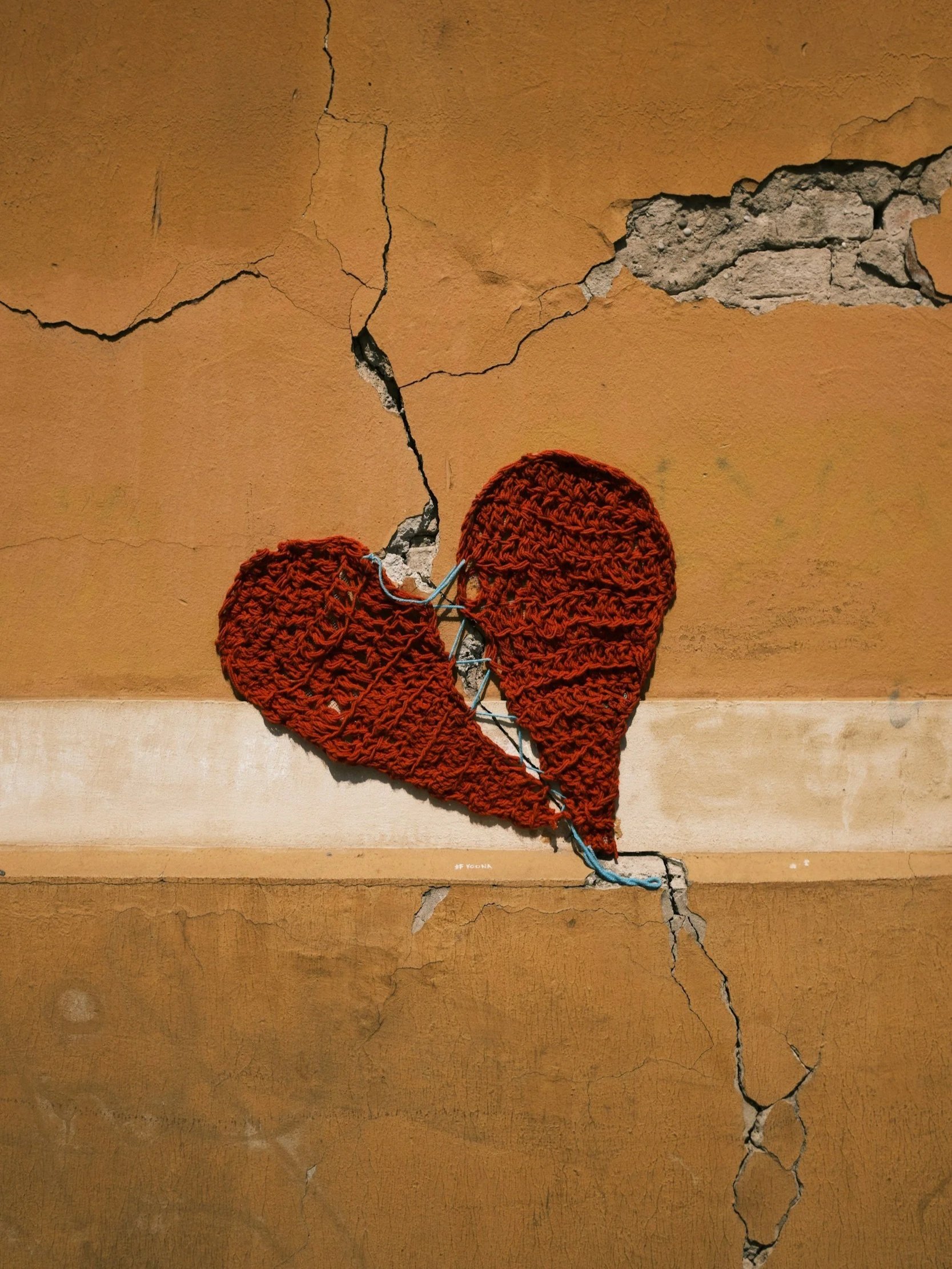 A wall with a large crack and a pair of red crocheted hearts hanging on the crack.