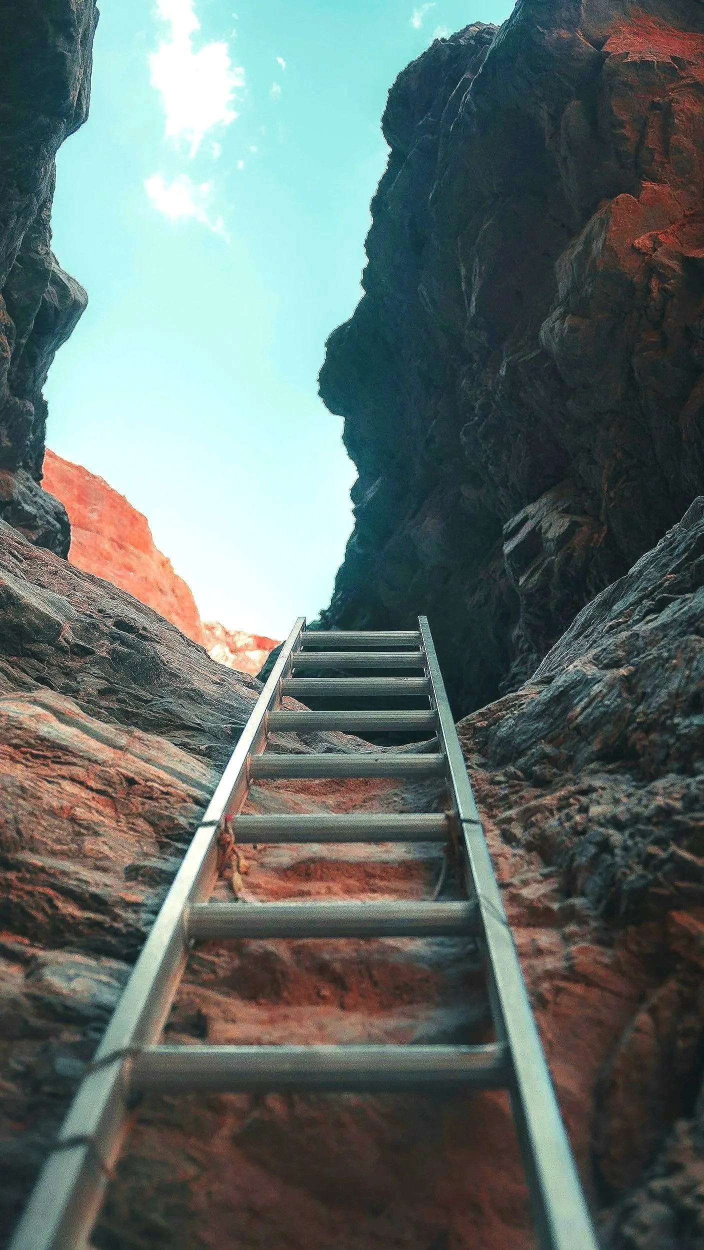A metal ladder leaning against rocky red and dark cliffs, leading upward toward a clear blue sky with a few white clouds.