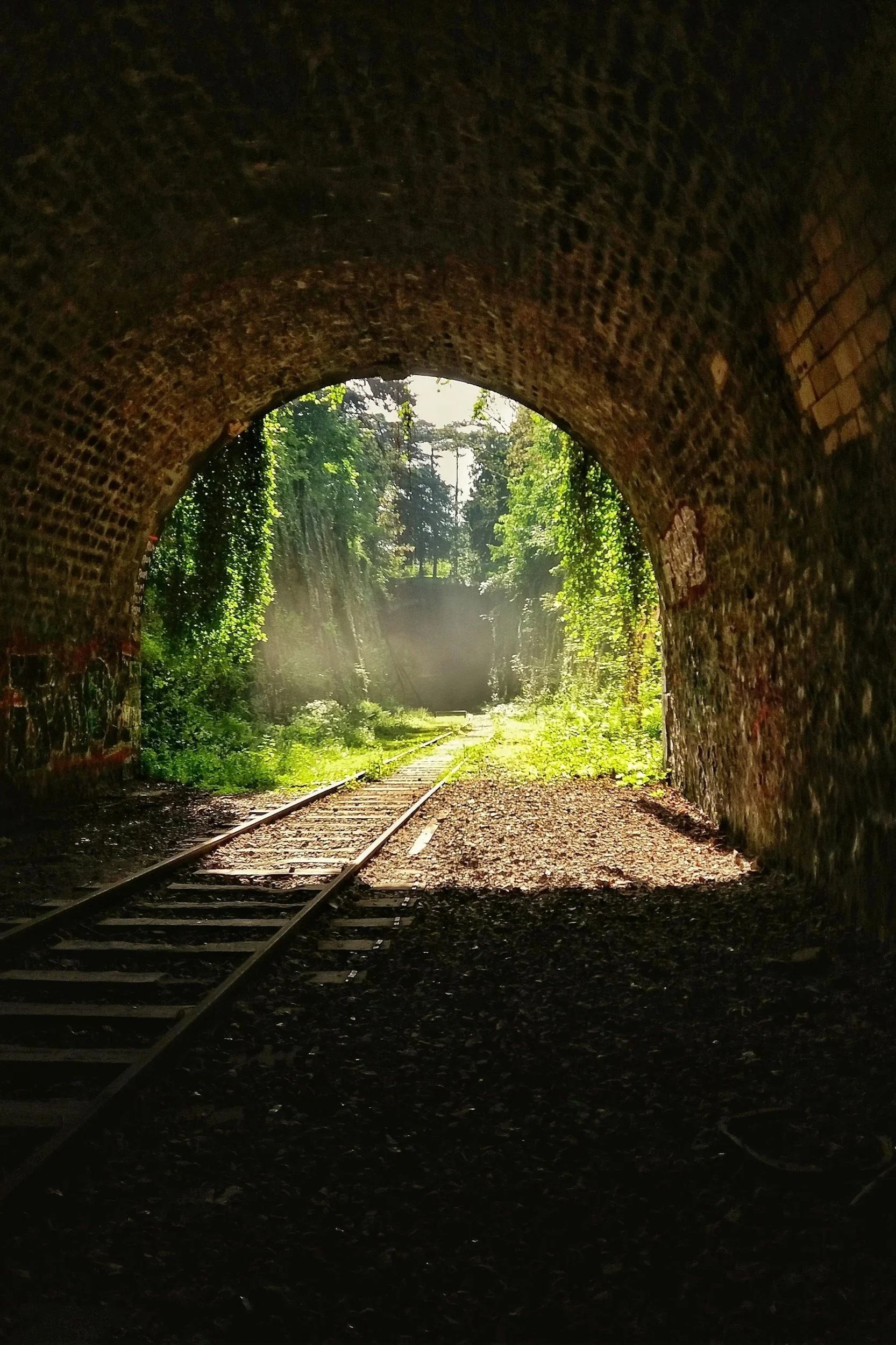 View from inside a brick tunnel with railroad tracks leading outside, surrounded by green trees and sunlight.