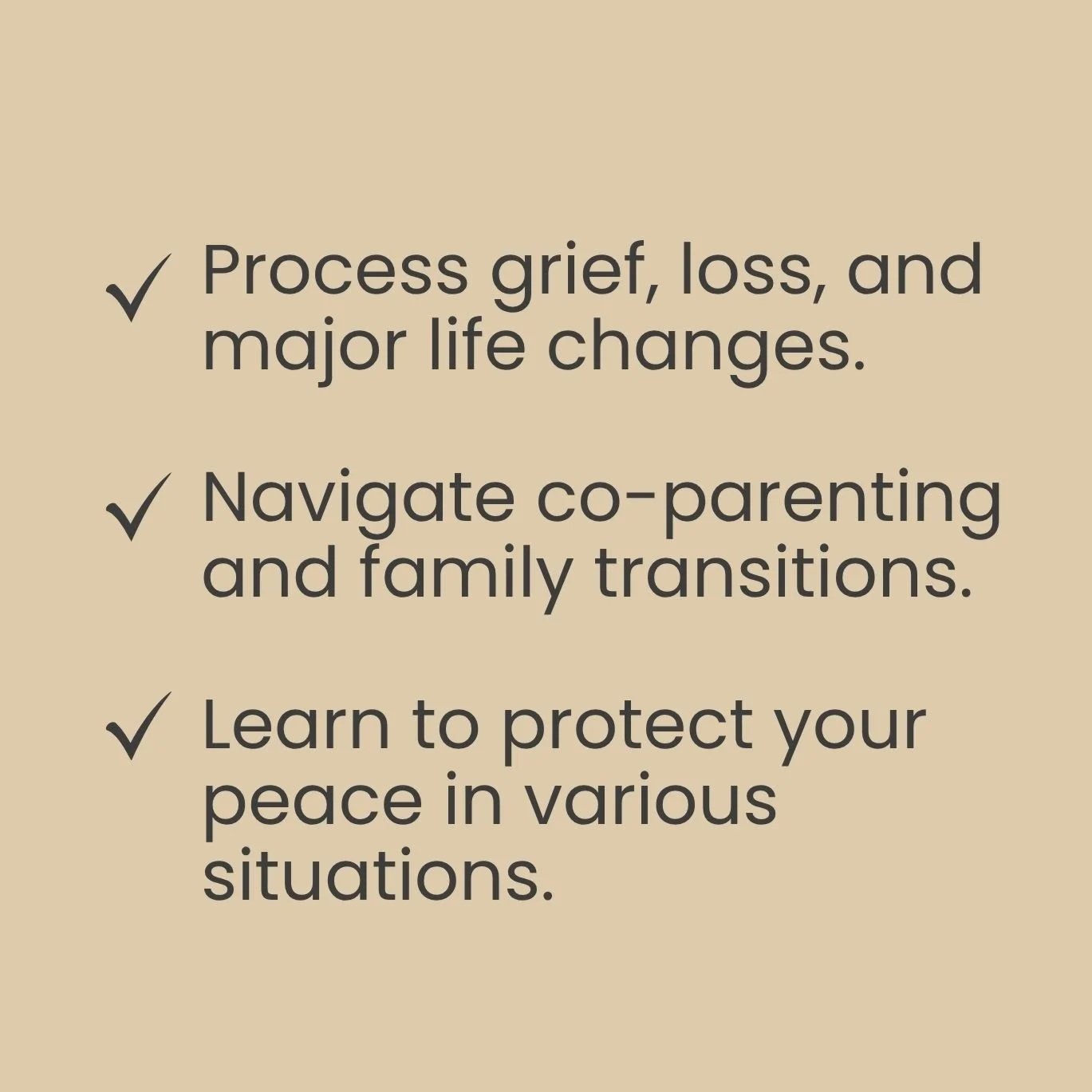 List of three tips for coping: processing grief and life changes, navigating co-parenting and family transitions, learning to protect peace in various situations, all with checkmarks next to each.