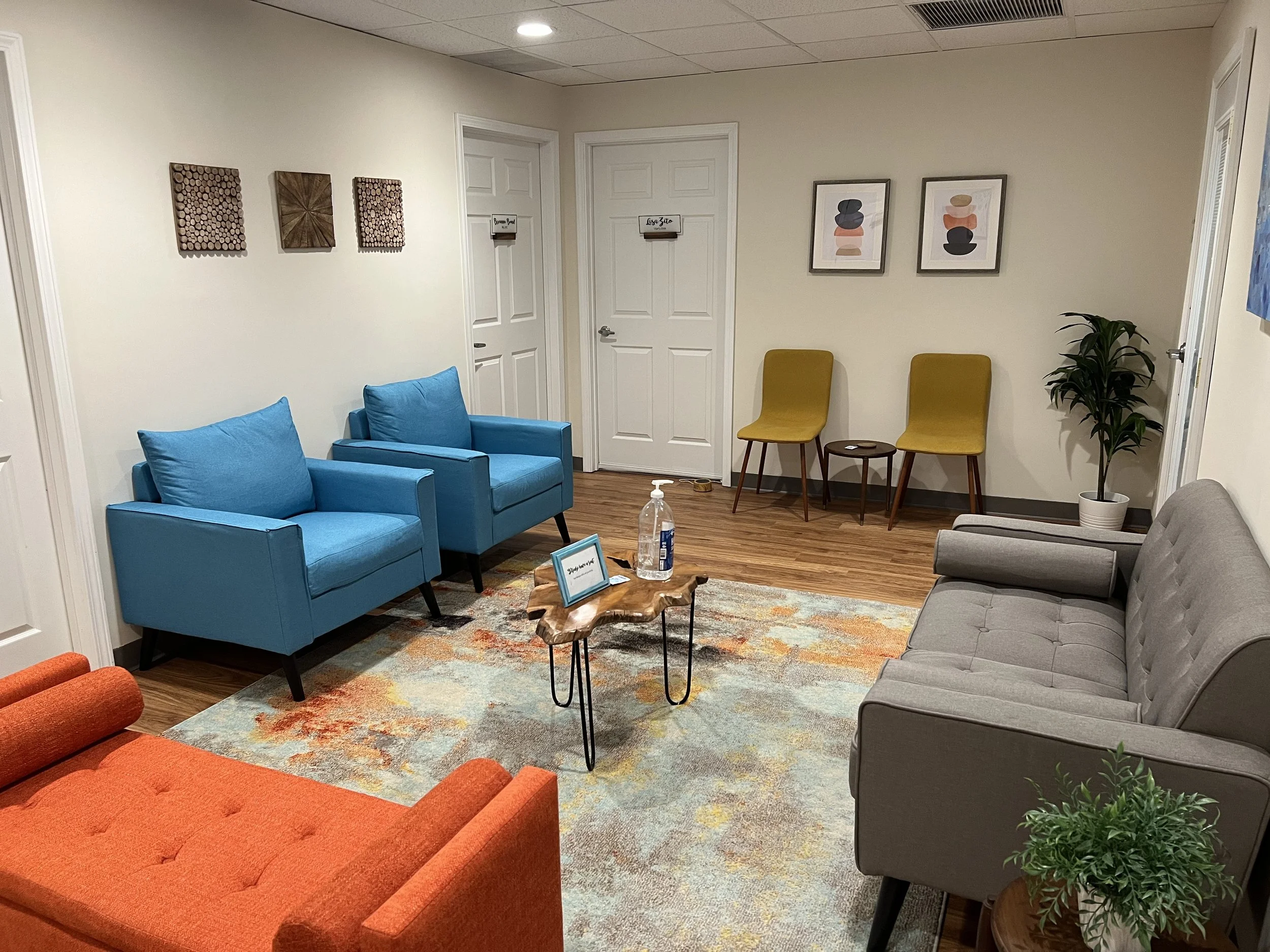 Waiting room with colorful chairs, artwork, a patterned rug, a small table with hand sanitizer and a framed sign, and a plant in the corner.