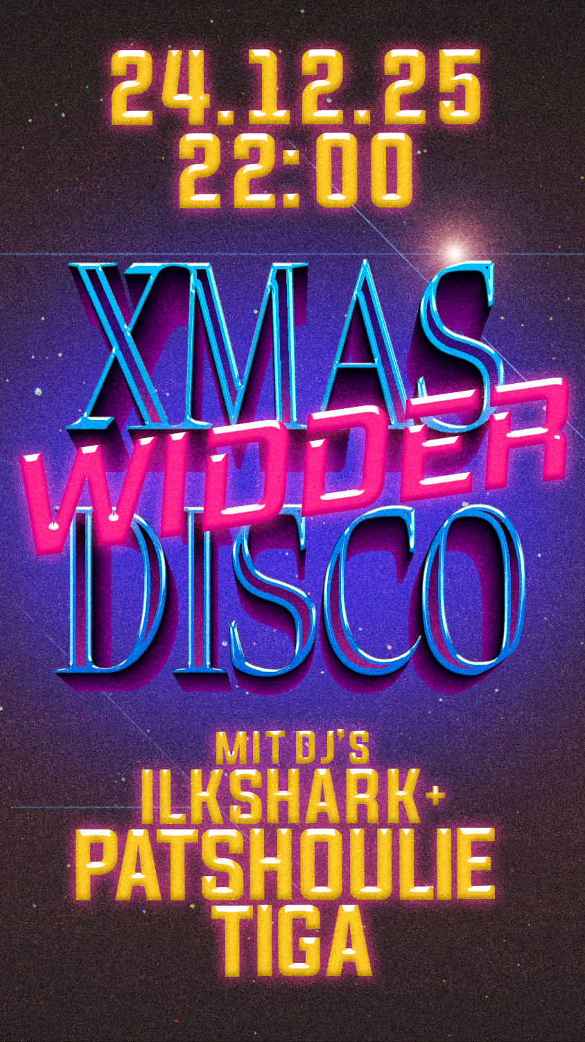 Neon-Text Ankündigung für eine Weihnachts-Disco-Veranstaltung am 24.12.2025 um 22:00 Uhr mit den DJs Ilkshark, Pats hoolie und Tiga