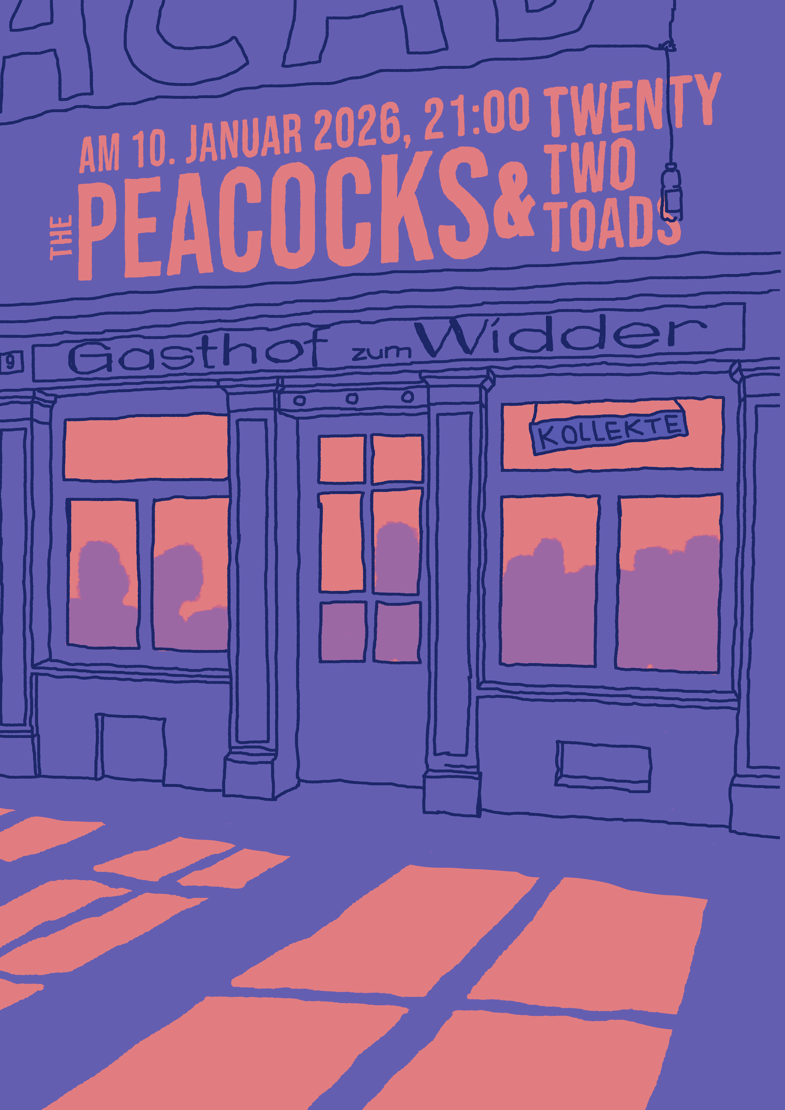 Illustration eines Cafés namens "Gasthof zum Widder" mit einem Schild, das auf ein Konzert am 10. Januar 2020 um 21:00 Uhr hinweist, mit Text über eine Veranstaltung mit "The Peacocks & Two Toads".