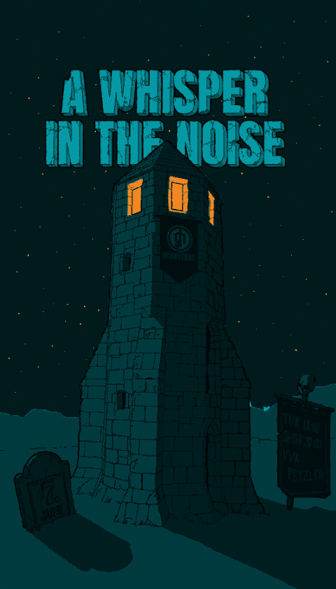 Illustration eines alten Wachturms bei Nacht mit dem Titel "A Whisper in the Noise" im Himmel.