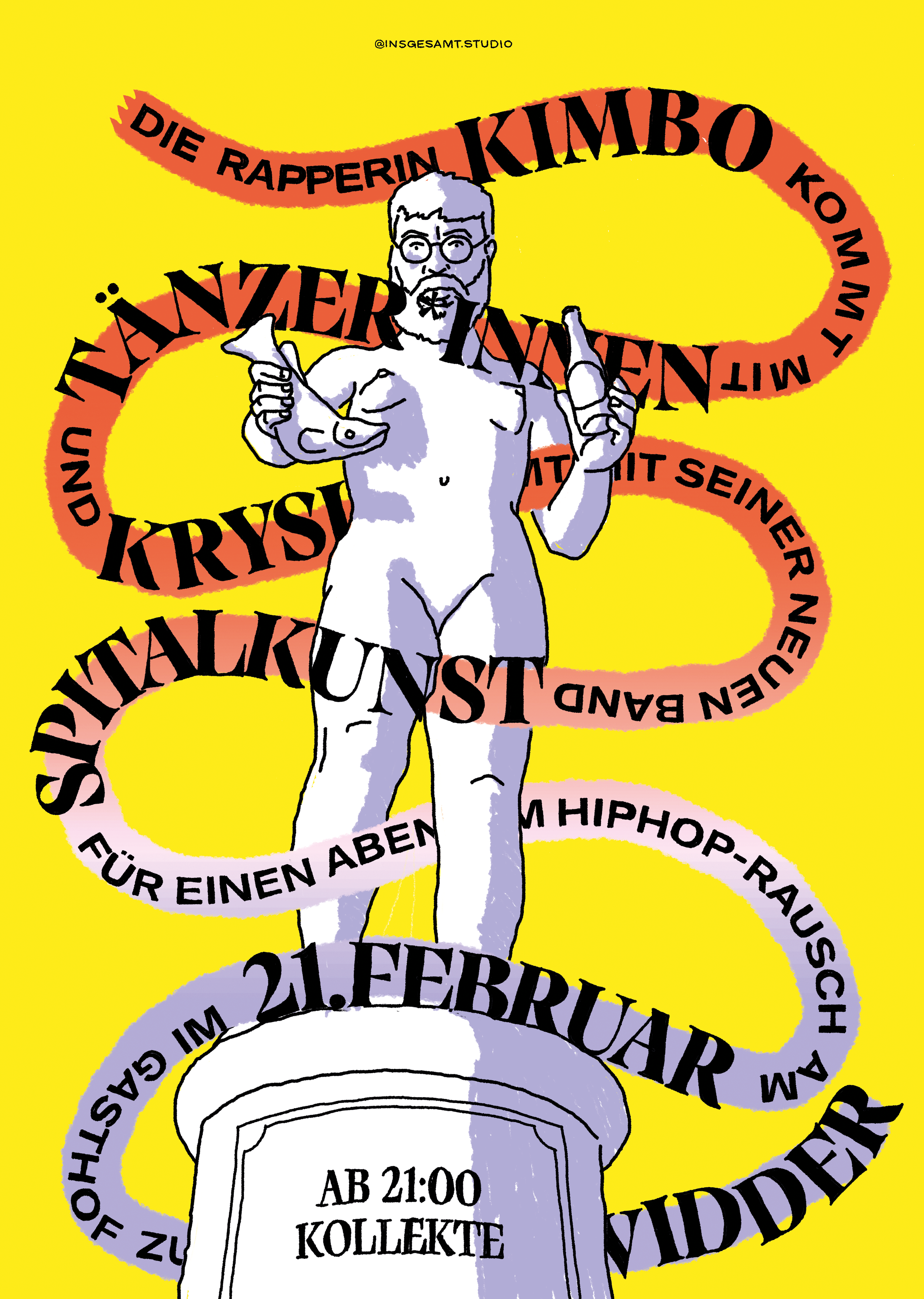 Illustration einer Statue, aber mit dem Kopf des Rappers 'Krysl', als Konzertplakat für das Konzert von Krysl und Kimbo am 21. Februar im Gasthoft zum Widder.
