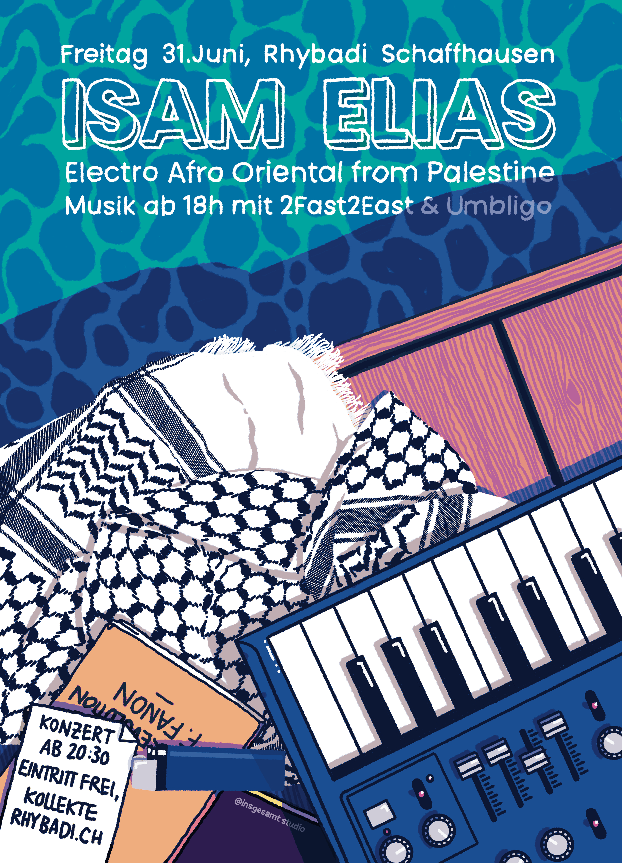 Plakat für den palästinensischen Electromusiker Isam Elias um sein Konzert in der Rhybadi in Schaffhausen zu bewerben. Es zeigt einen Synthesizer, eine Kuffiyha, ein Buch von Franz Fanon und ein Feuerzeug auf dem Steg der Rhybadi.