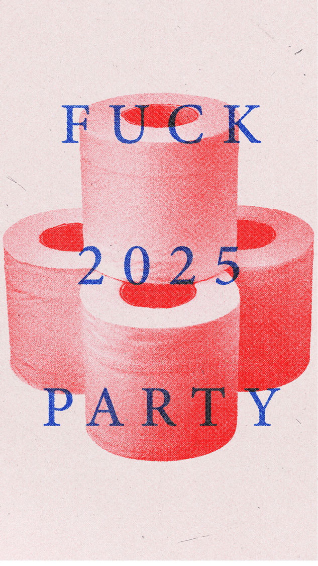 Animierte Grafik aus verschiedenen roten Gegenständen und blauer Schrift, die 'F**K 2025 PARTY' sagt.