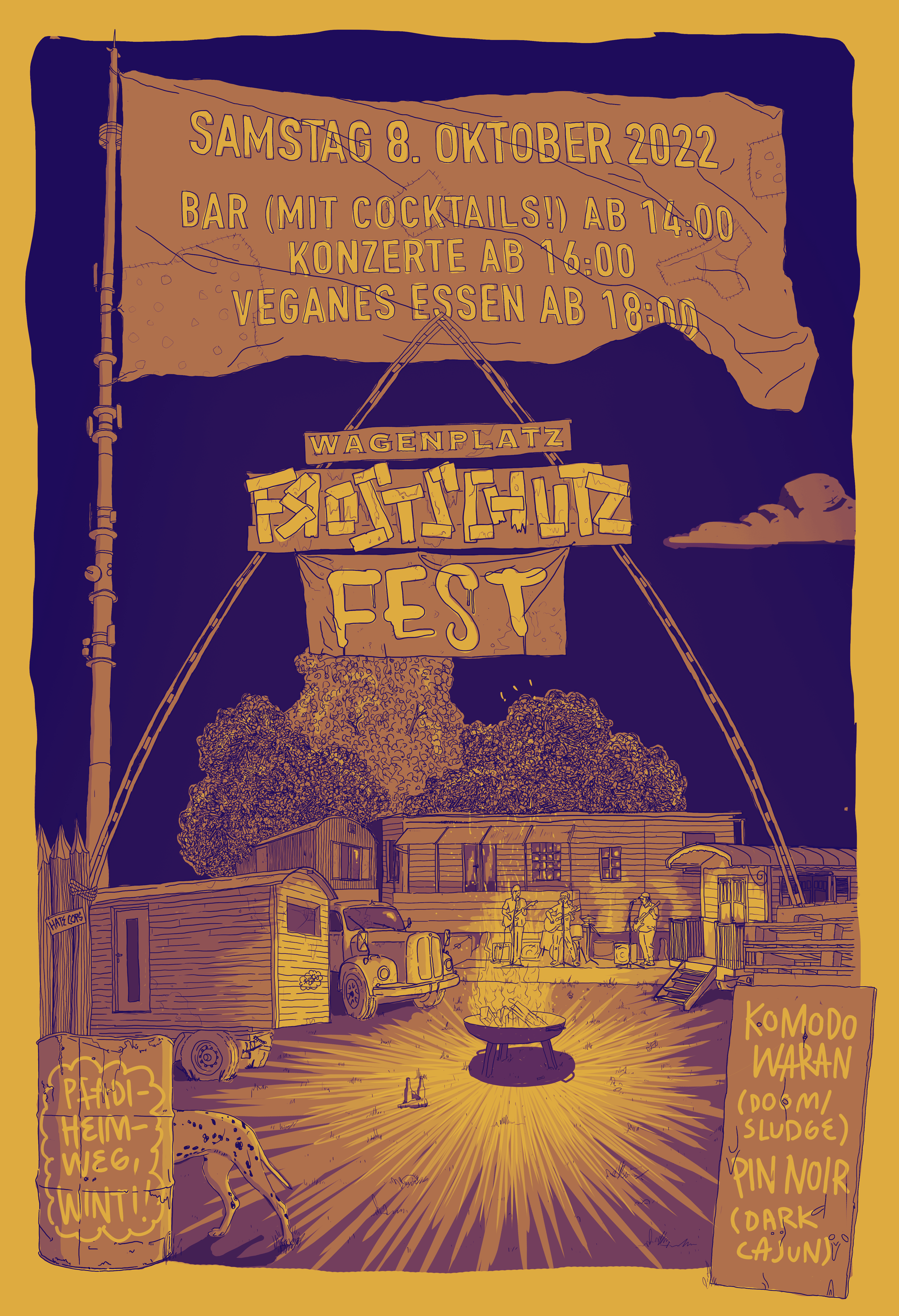 Plakat für das Wagenplatz Festival am 8. Oktober 2022 mit Informationen zu Bar, Konzerten und veganem Essen, sowie einer Illustration eines Lagerfeuers, Zelten, Bussen und einer Band, mit Handgeschriebenen Schildern.
