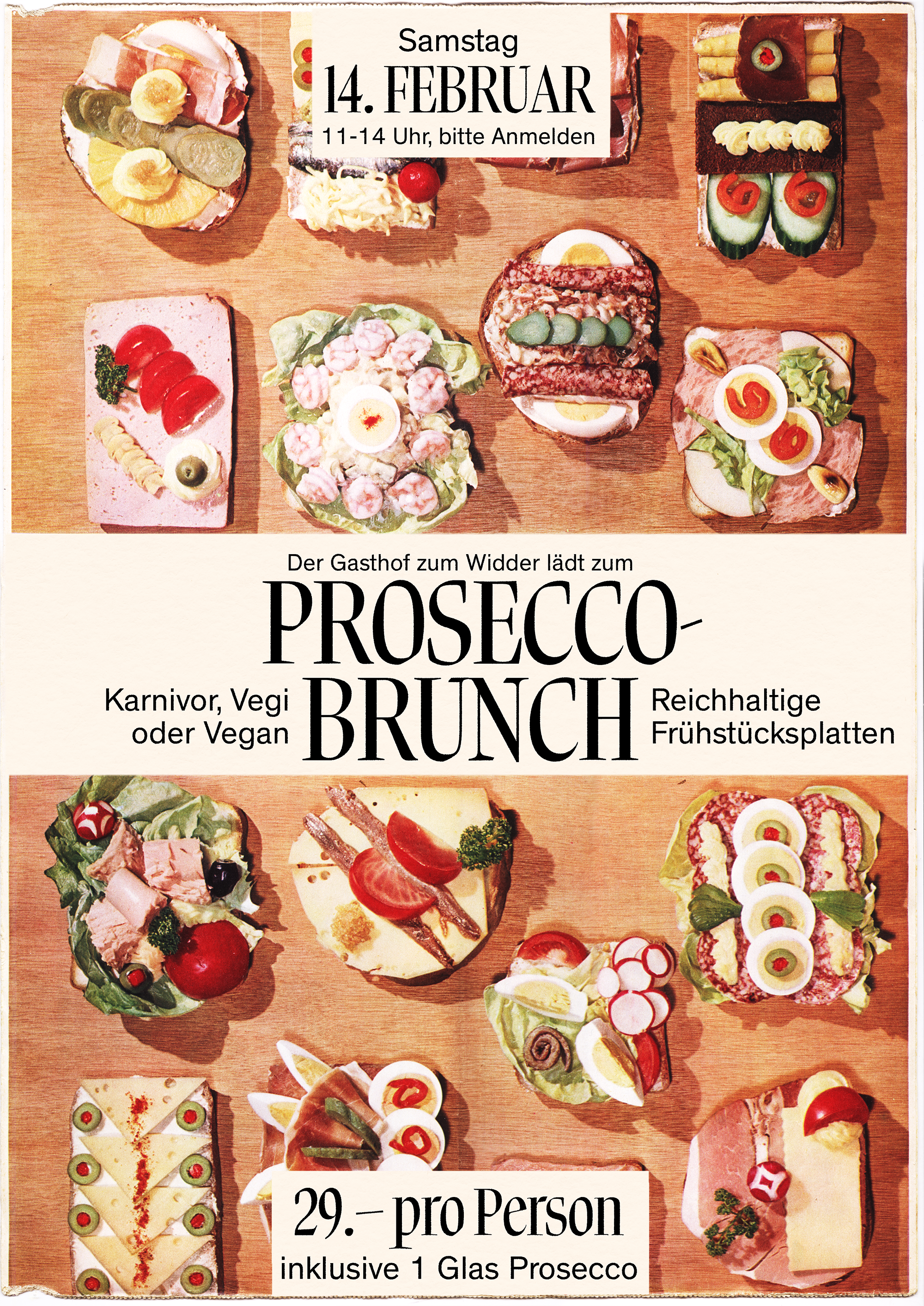 Ein Flyer für einen Prosecco Brunch, der am Samstag, dem 14. Februar, im Gasthof zum Widder stattfindet. Das Bild zeigt verschiedene Schneidebrote mit Aufschnitt, Eiern, Gemüse und weiteren Belägen, die auf einem Holztisch angerichtet sind.