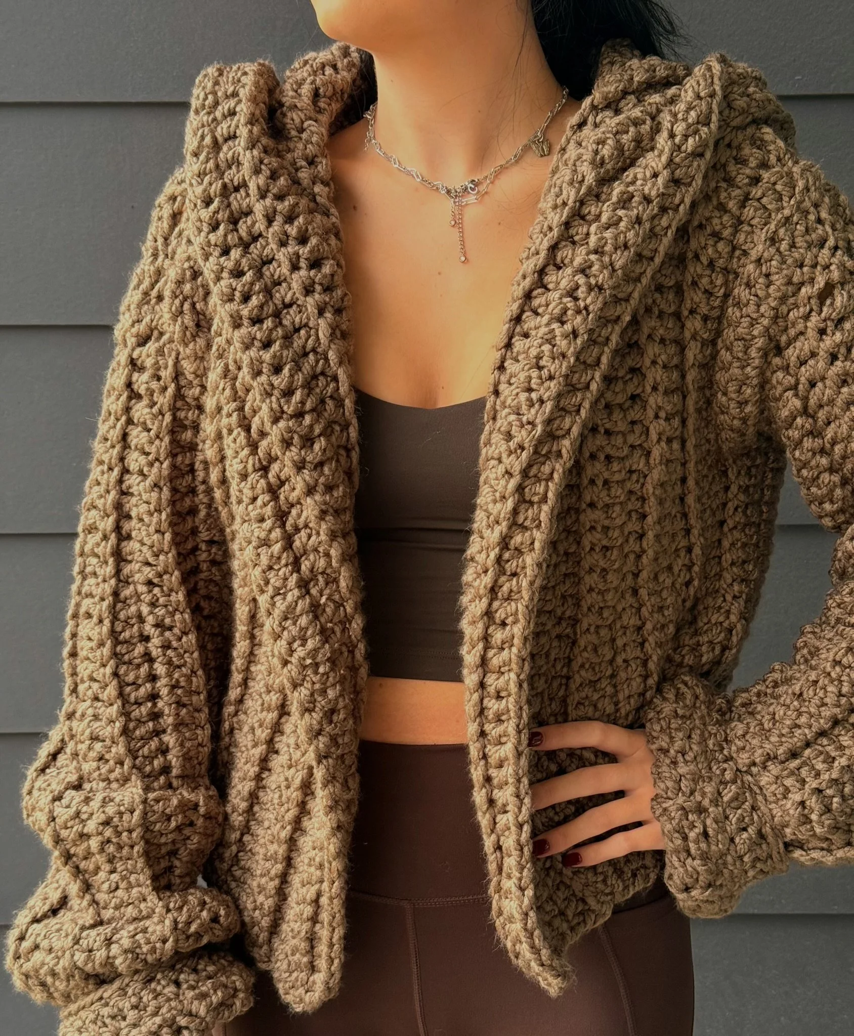 Chunky Brown Cardigan With Large Hood
