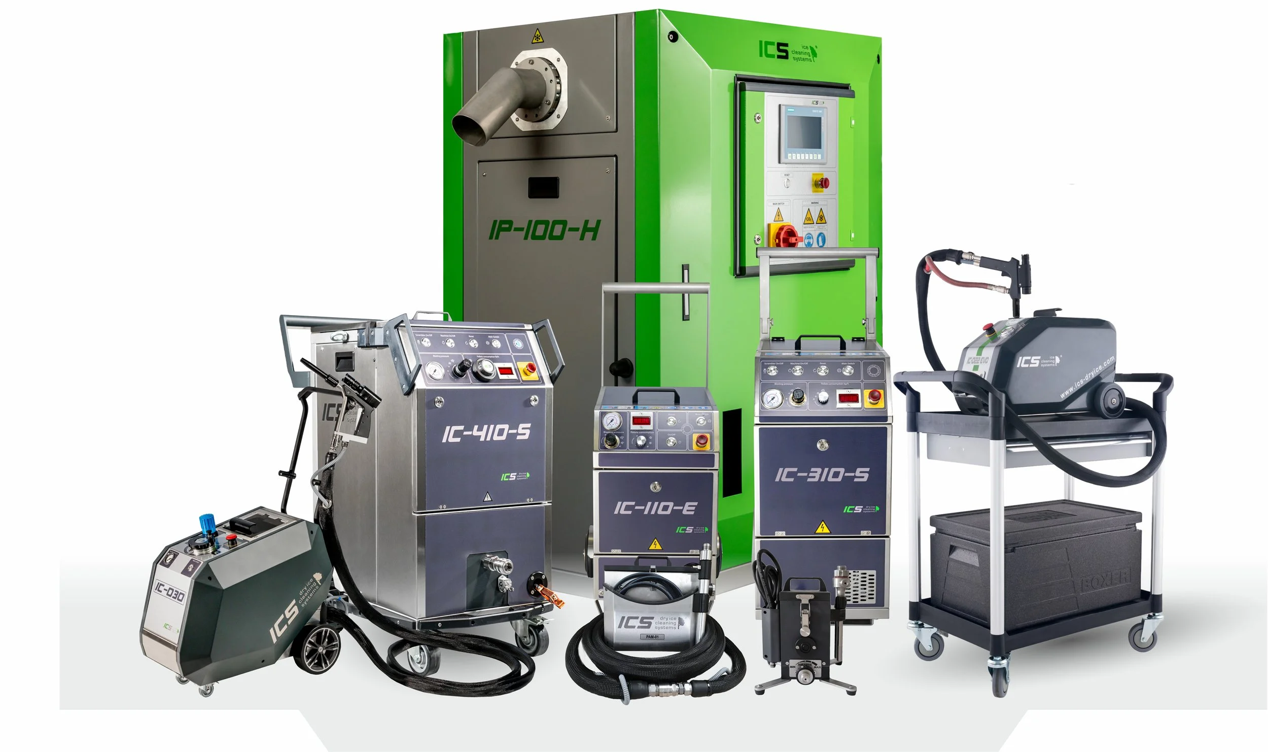 Collection of industrial cleaning equipment including a large green and gray machine, smaller gray machines, and various cleaning tools and hoses.