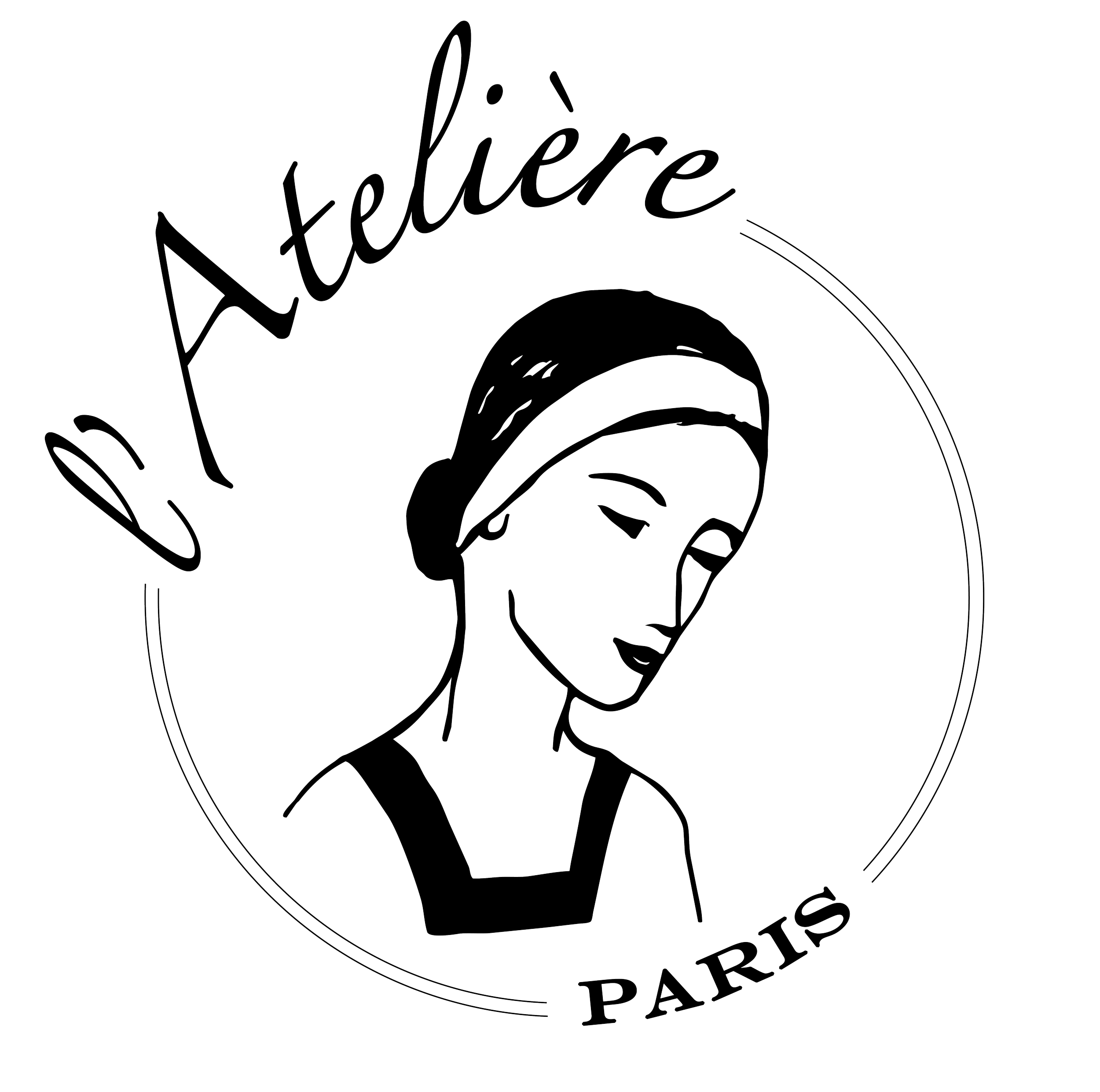 Logo avec une illustration d'une femme portant un foulard, entourée par le texte 'Atelière' en arc en haut et 'PARIS' en arc en bas.