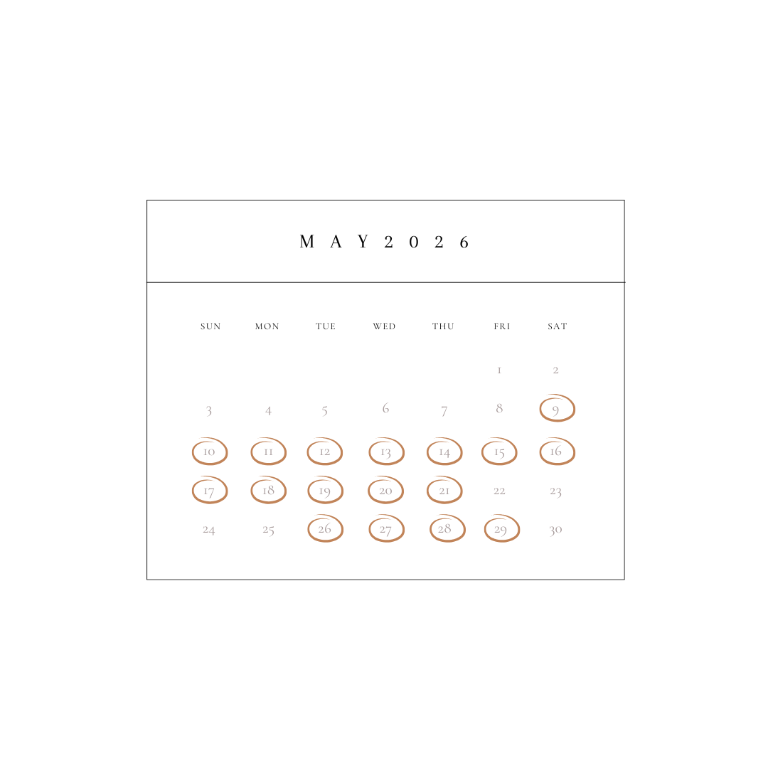Calendar for May 2026 with dates 10, 11, 12, 13, 14, 15, 16, 17, 18, 19, 20, 21, 26, 27, 28, 29 circled.