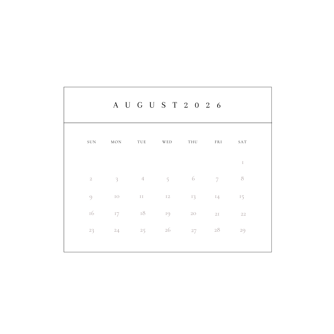 Calendar for August 2026 with the days of the week and dates.