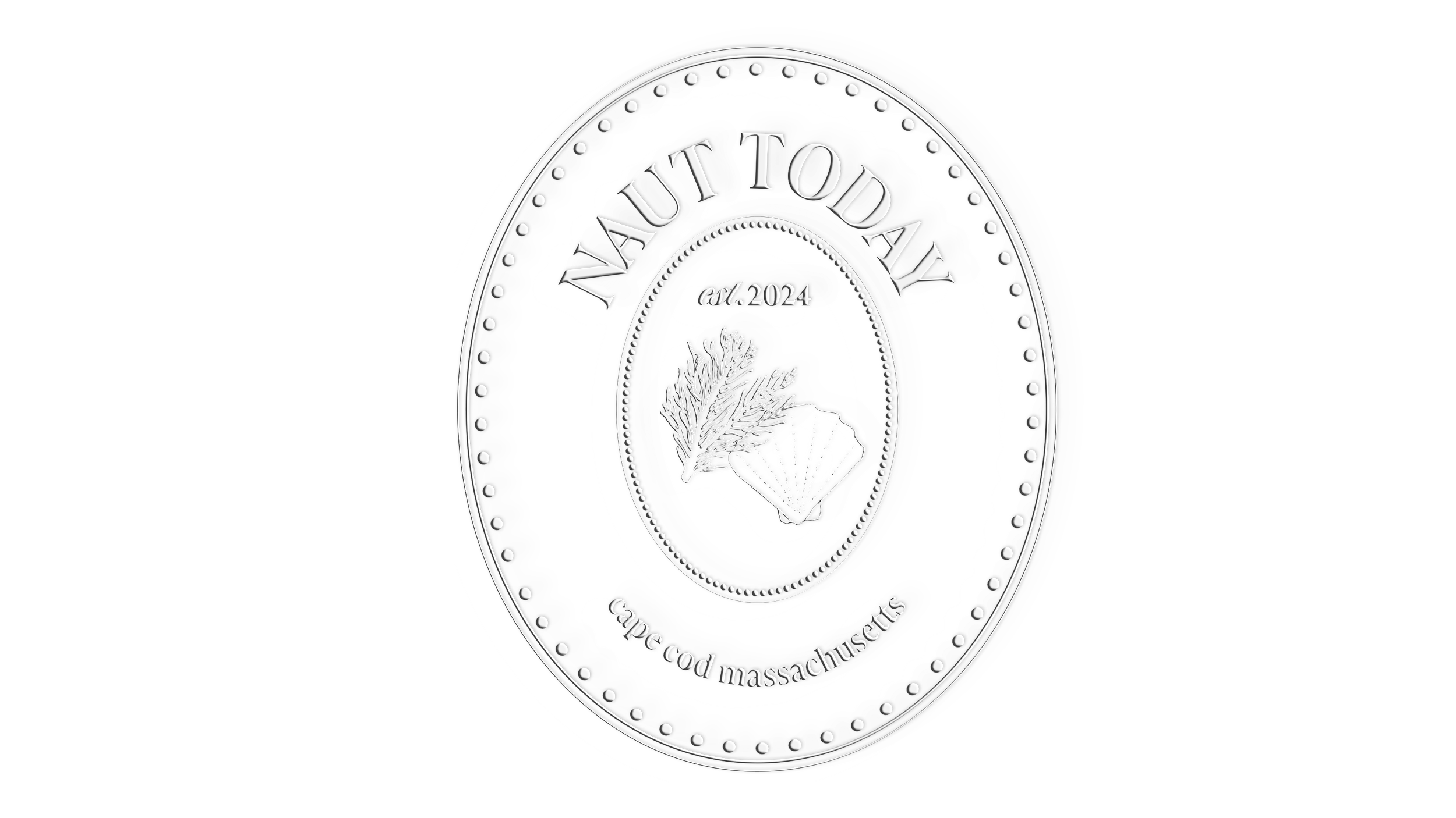 A metallic coin with an inscription that reads 'NAUT TODAY' and 'cape cod, massachusetts.' The coin also features a pine branch and a shell in the center, with 'est. 2024' written above.