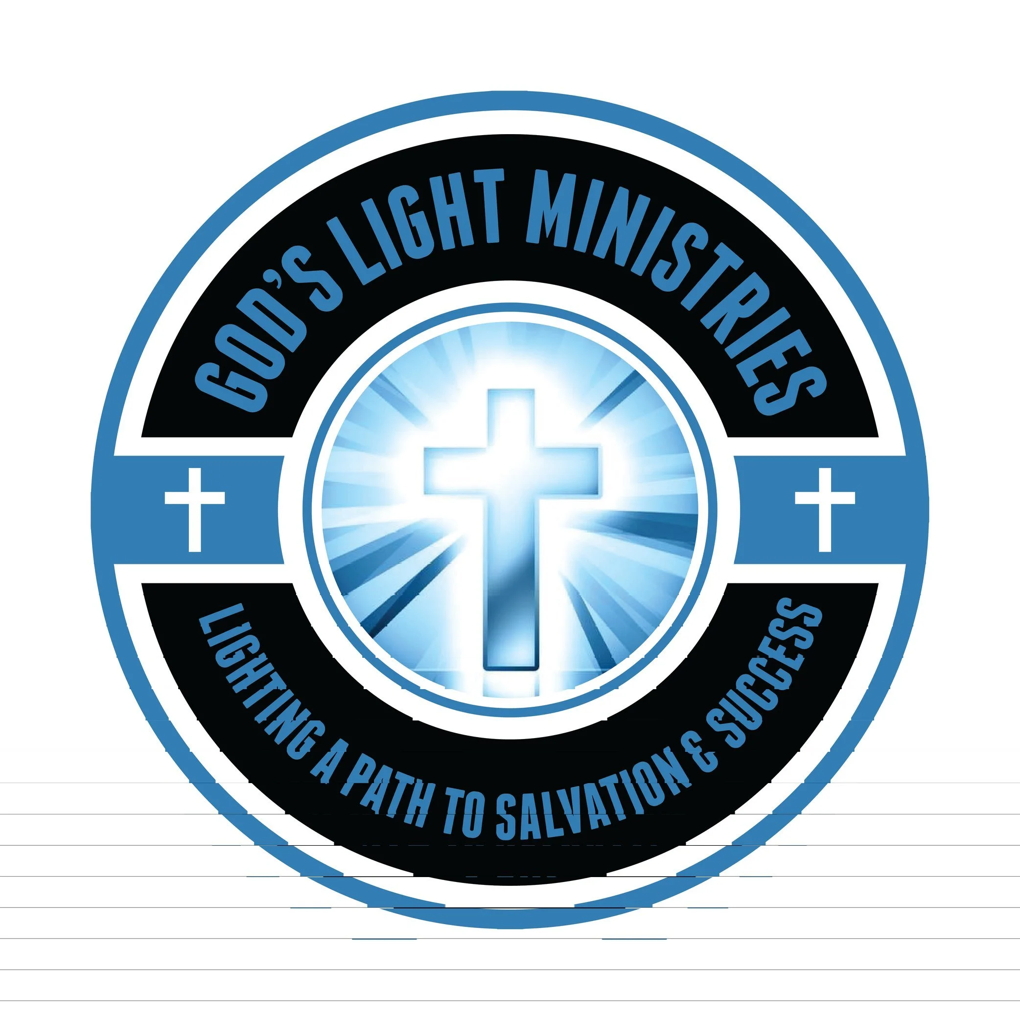 Logo of God’s Light Ministries featuring a bright cross with rays of light, black and blue circular design, and text 'God’s Light Ministries - Lighting a Path to Salvation & Success'.