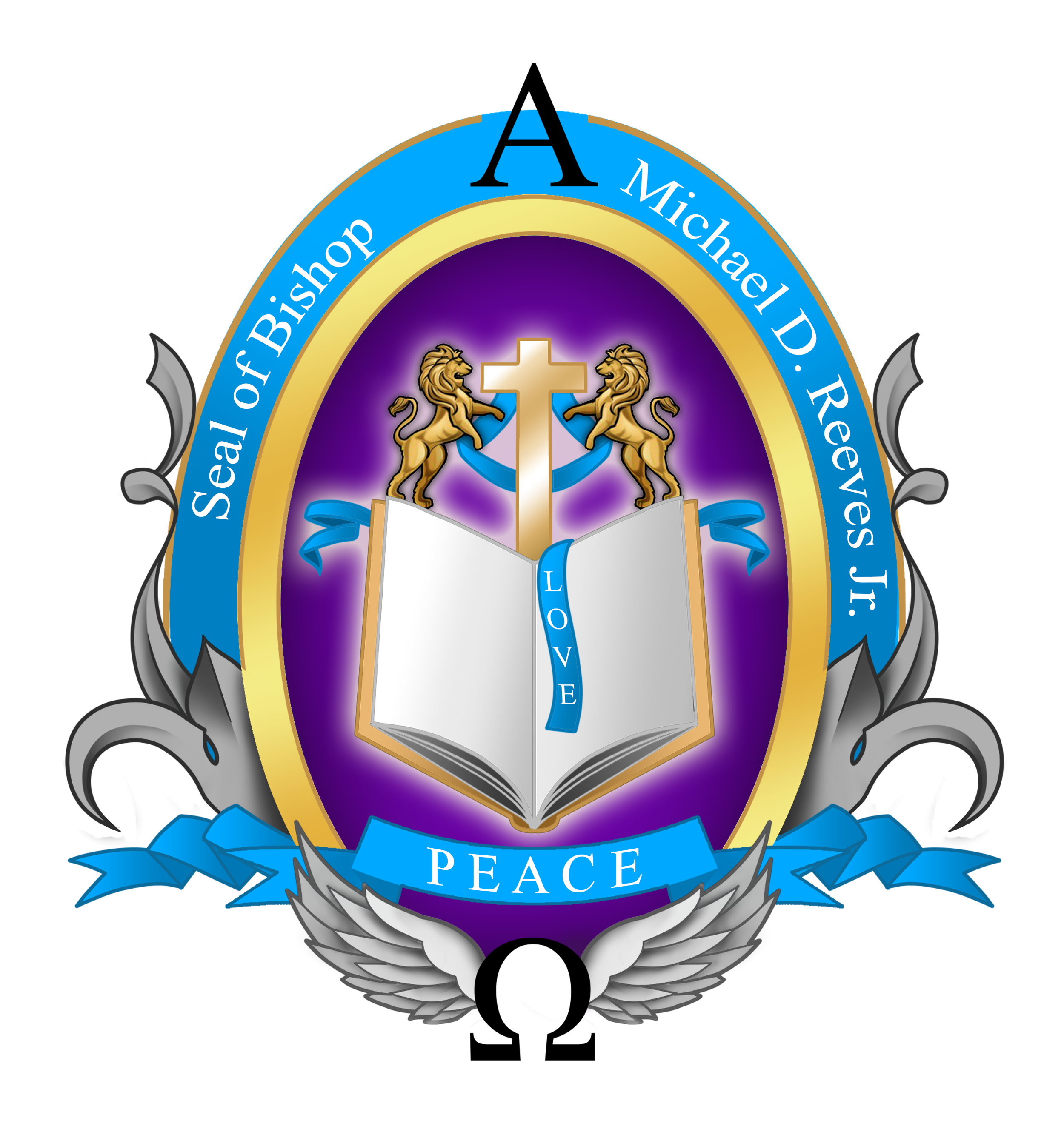 Seal of Bishop Michael D. Reeves Jr. with symbols of faith including an open book, a cross, two lions, a shield, and banners with religious words like PEACE, LOVE, and SCRIPTURE.