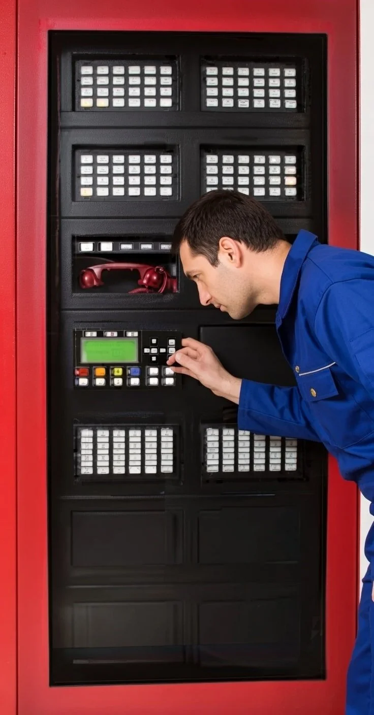 A man in a blue uniform is using a control panel on a red emergency fire alarm system.