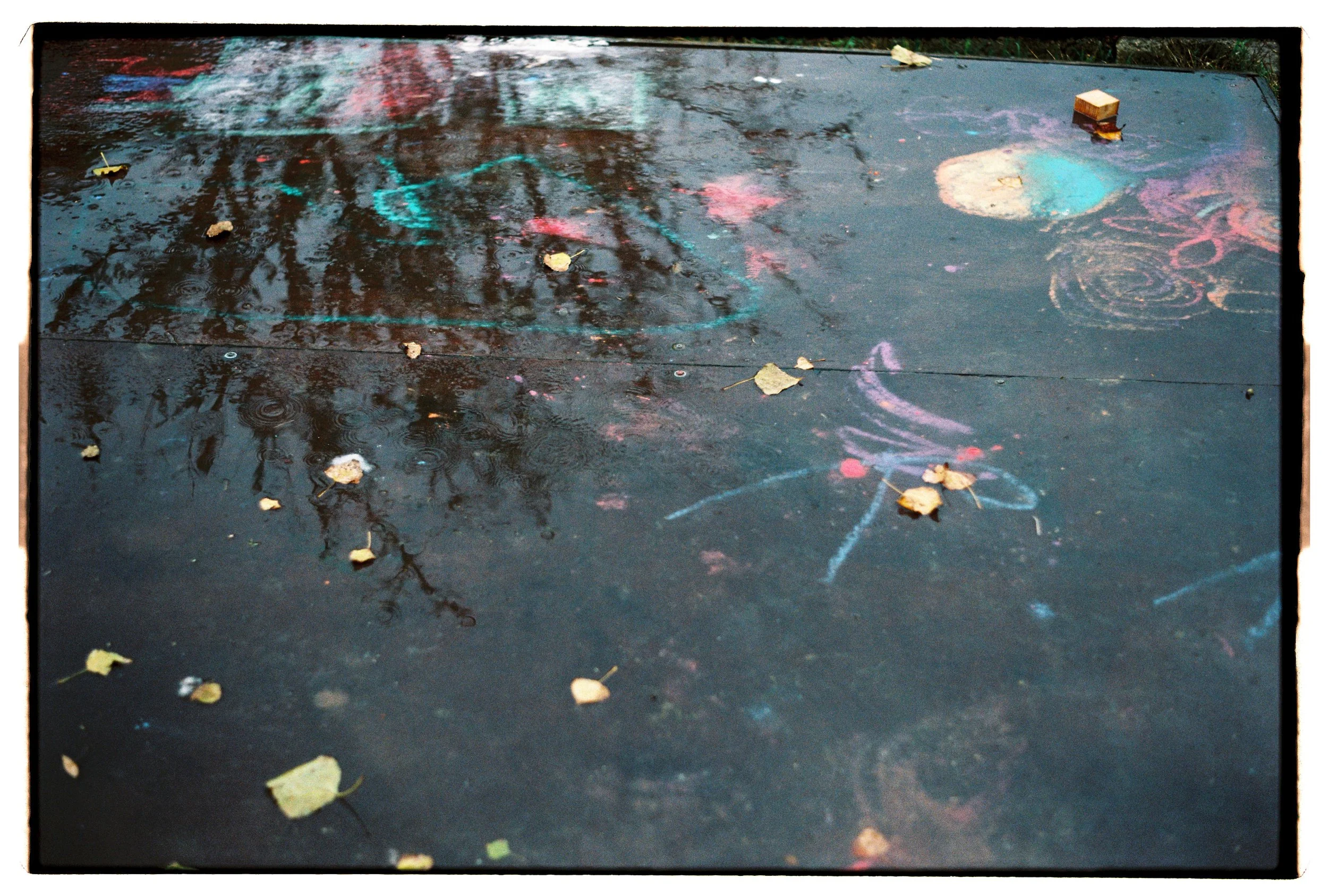 Chão de piso preto com desenhos coloridos feitos com giz e folhas secas depositadas sobre eles.