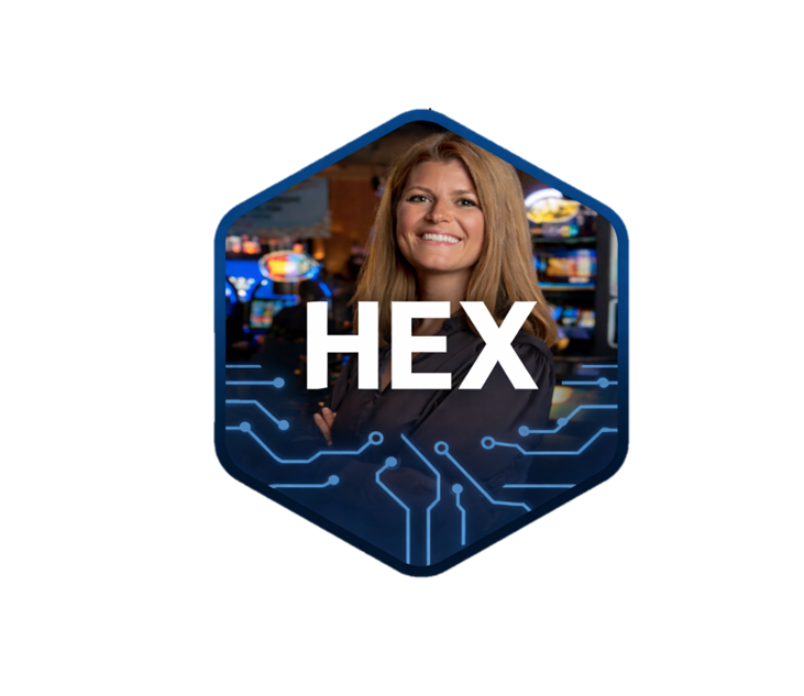 A woman smiling in front of colorful slot machines in a casino with the word 'HEX' and a digital circuit design overlay.