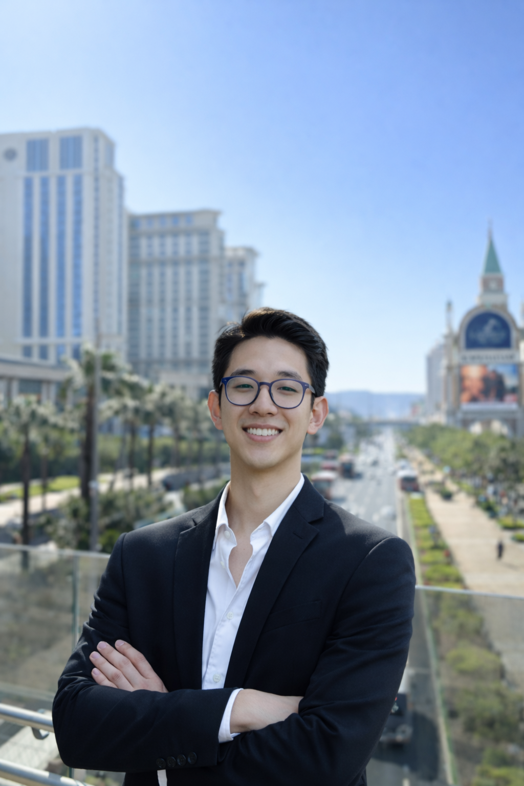A young man in a black suit and white shirt smiling with arms crossed on a city street with tall buildings and a clock tower in the background.