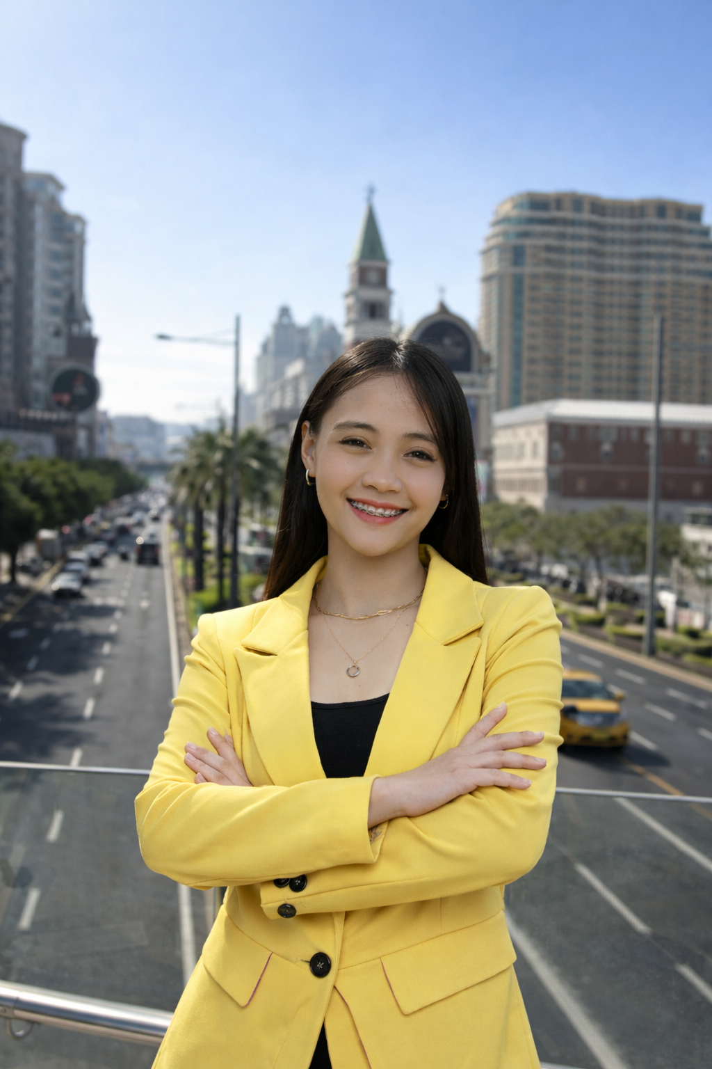 A young woman with long dark hair, wearing a yellow blazer and jewelry, smiling with crossed arms on a city street with tall buildings and traffic in the background.