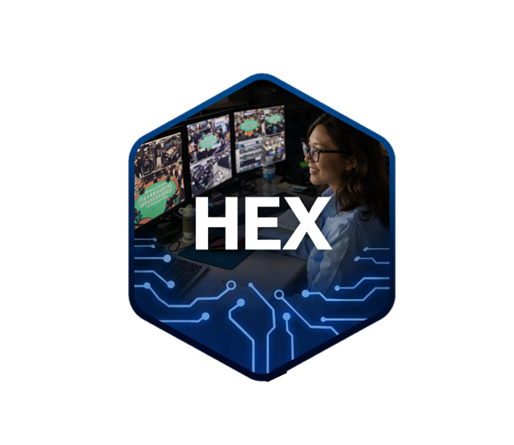 A woman working with multiple computer monitors displaying digital maps, with the word HEX and a futuristic circuit-design background.