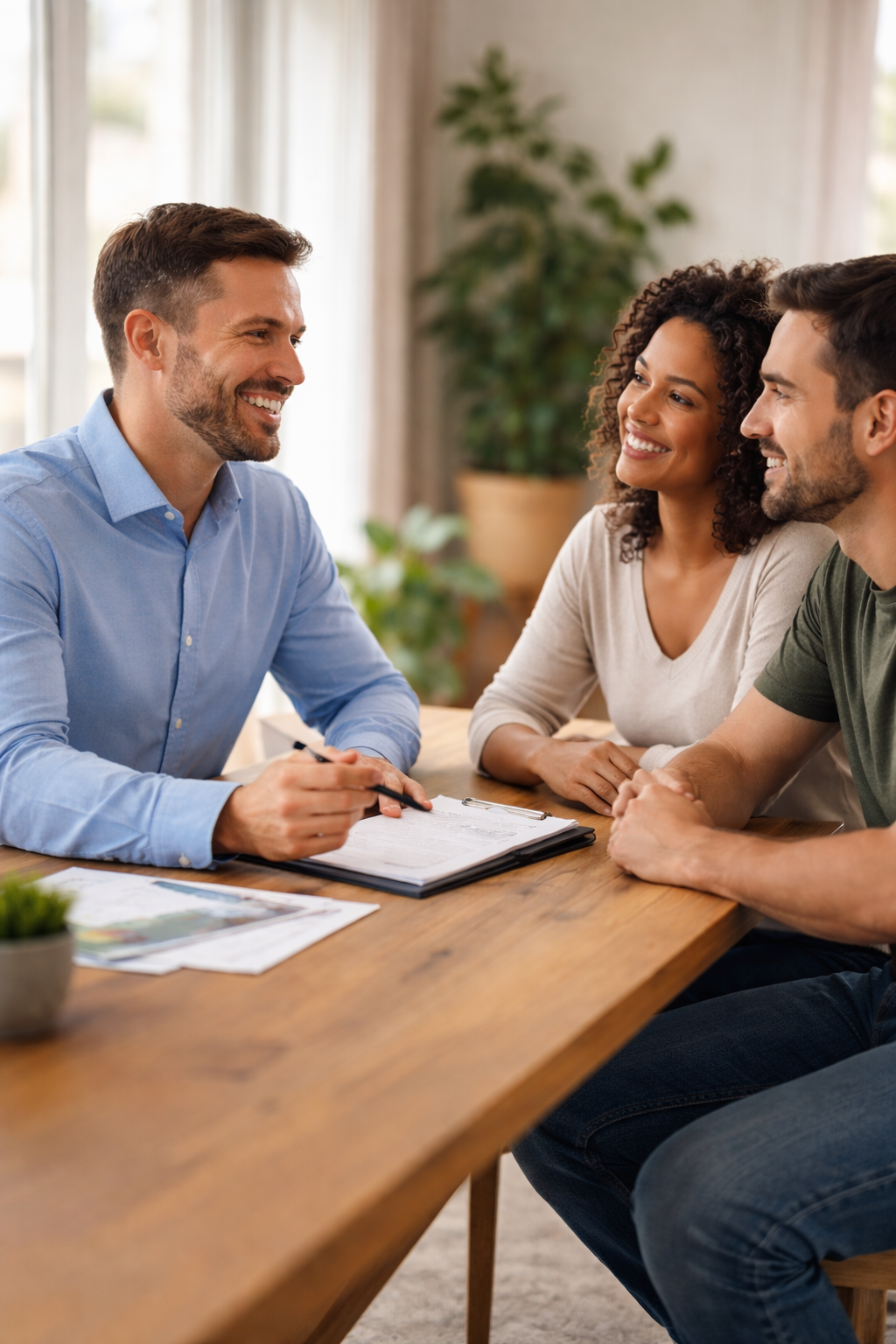Family reviewing health insurance options at a business