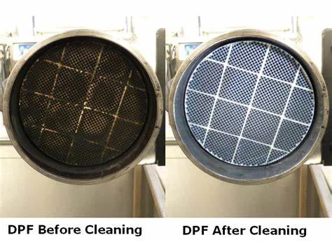 Comparison of a diesel particulate filter (DPF) before and after cleaning, showing removal of particulate accumulation after cleaning.