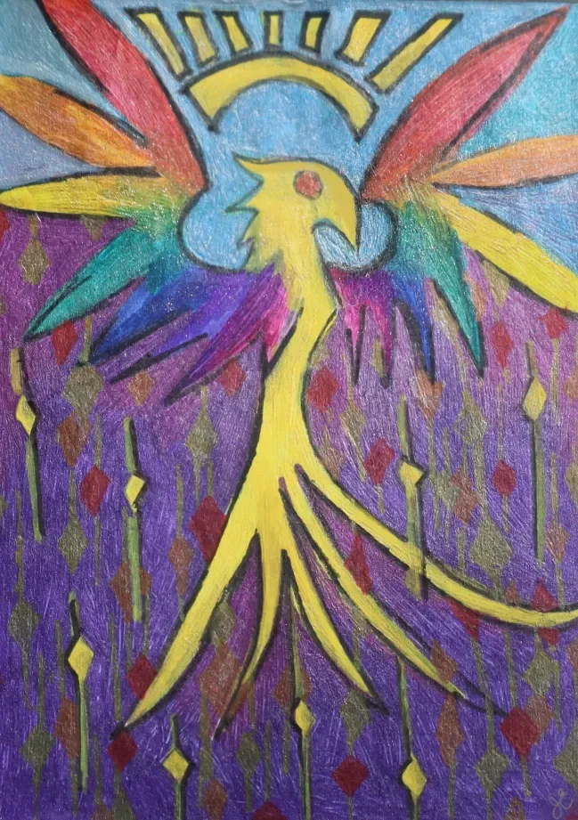 A Phoenix with rainbow wings, this cosmic critter was inspired by the MTG card Birds of Paradise. 