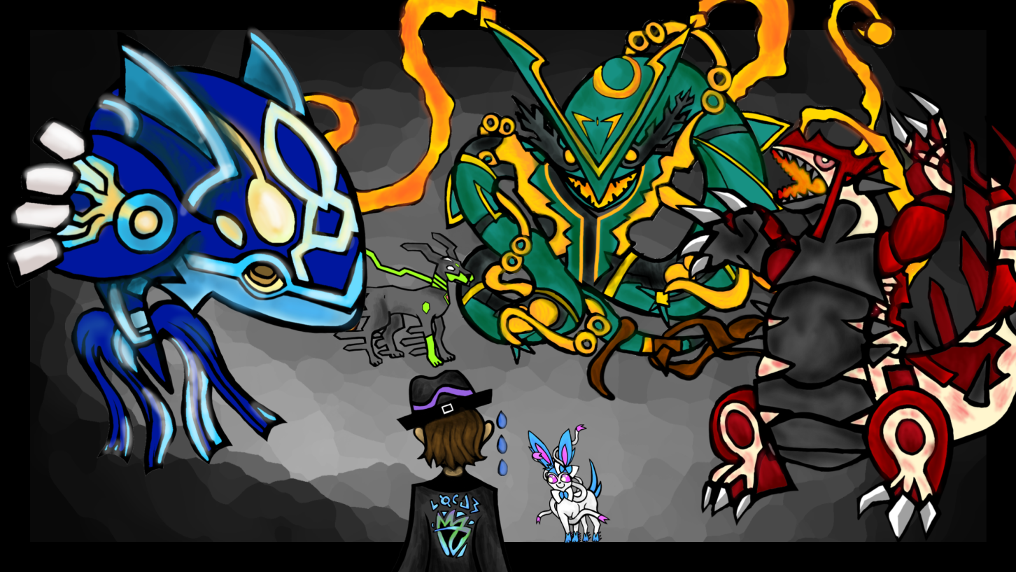 3 Pokemon stare down a nervous trainer and his Sylveon in this custom thumbnail made for JunoRisingg.