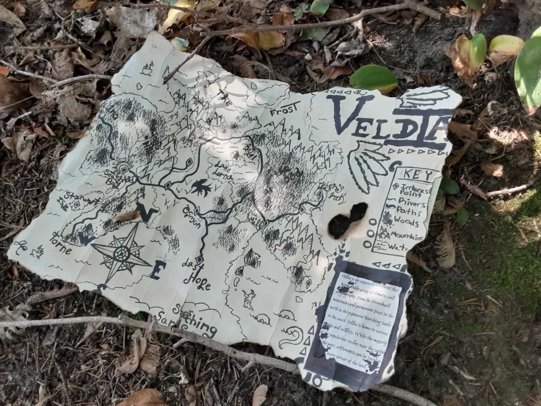 An aged and detailed map of Veldia, a friend's custom fantasy world.