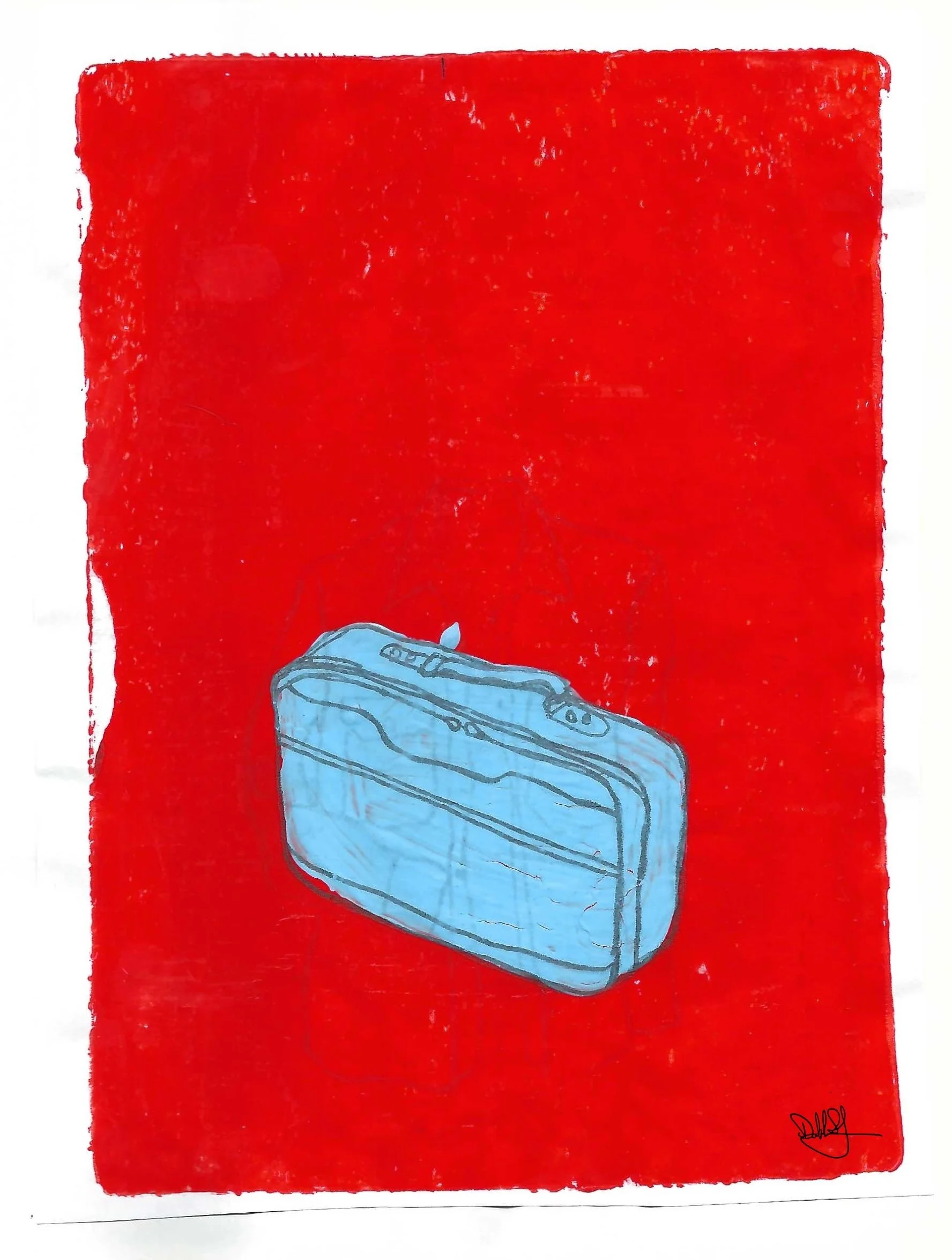 Copyright Debbi Spranza Original artwork Light Travel Original print of hand drawn teal suitcase on orange background May not be used without permission.