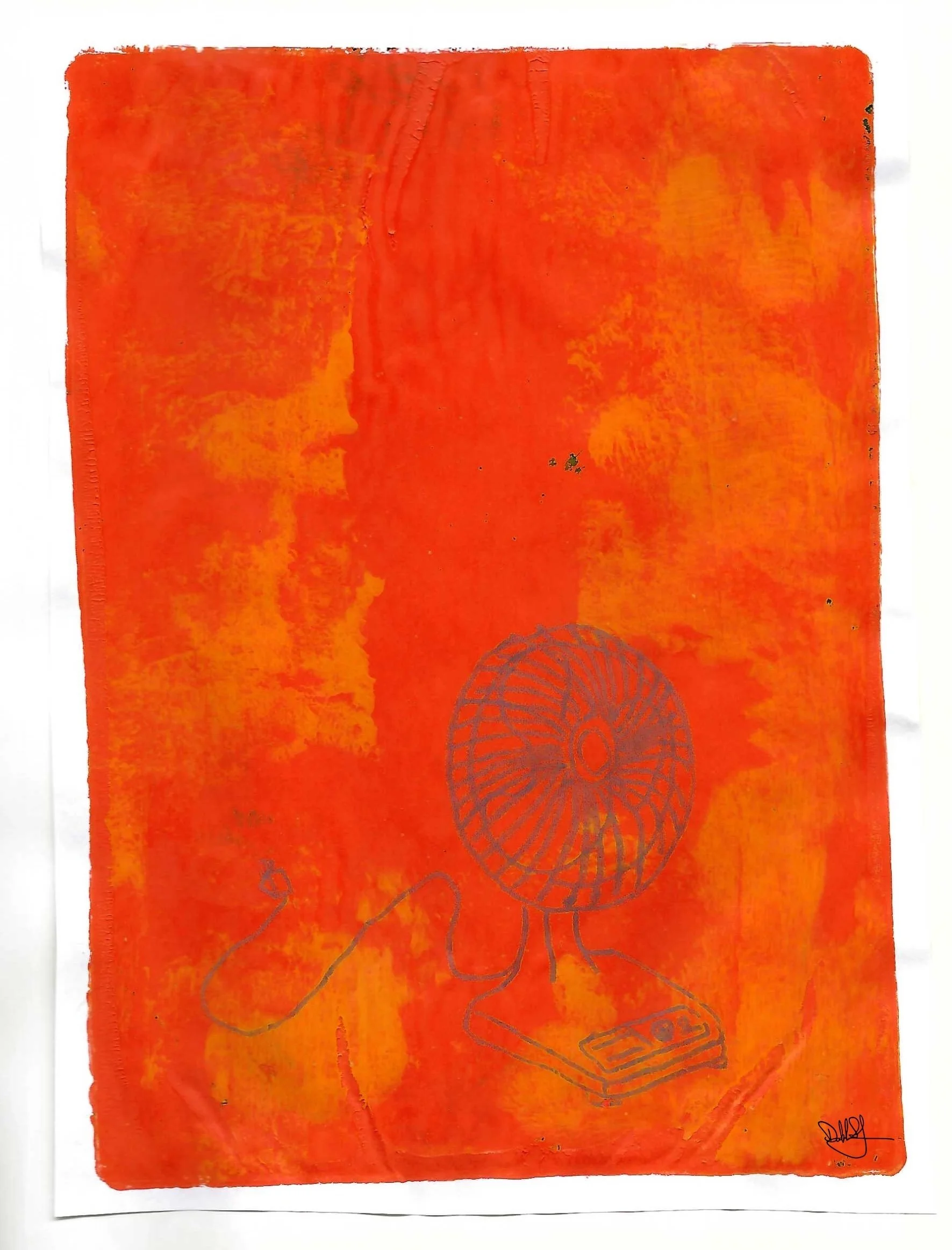 Copyright Debbi Spranza Original Art titled Big Fan. Original print of hand drawn fan on orange background. May not be used without permission.