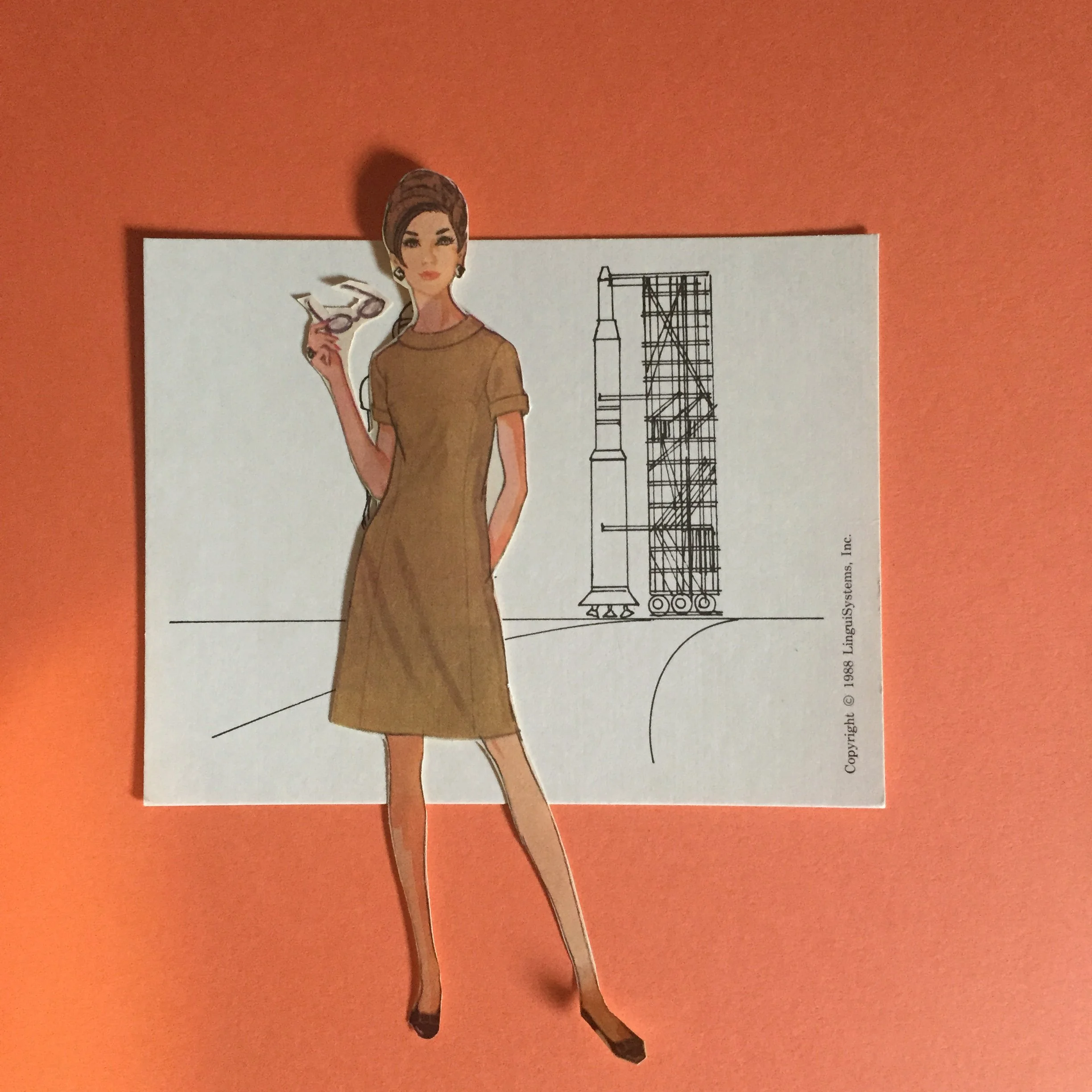 Woman model poses with sunglass in front of rocket ready for takeoff. Orange background reminiscent of mars. Early version of She Knew Just What to Pack hand cut Collage Debbi Spranza Original Art may not be used without permission