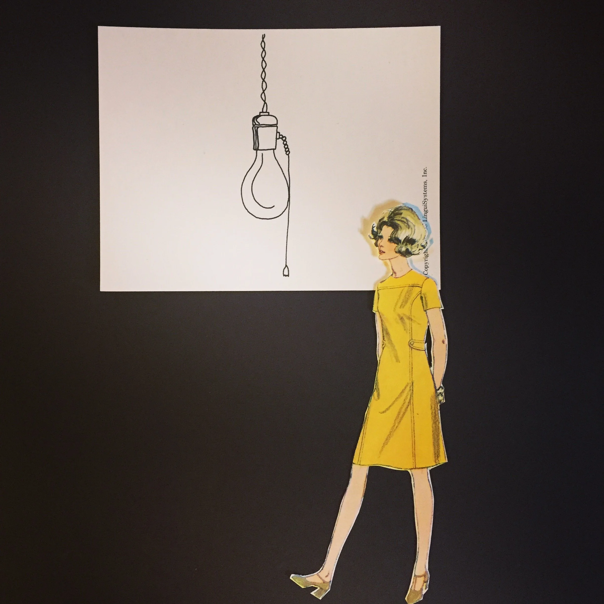 1960s era Woman in bright yellow dress steps in front of black and white line drawing of lighbulb. Black background. Debbi Spranza Original Art titled She was full of Ideas may not be used without permission
