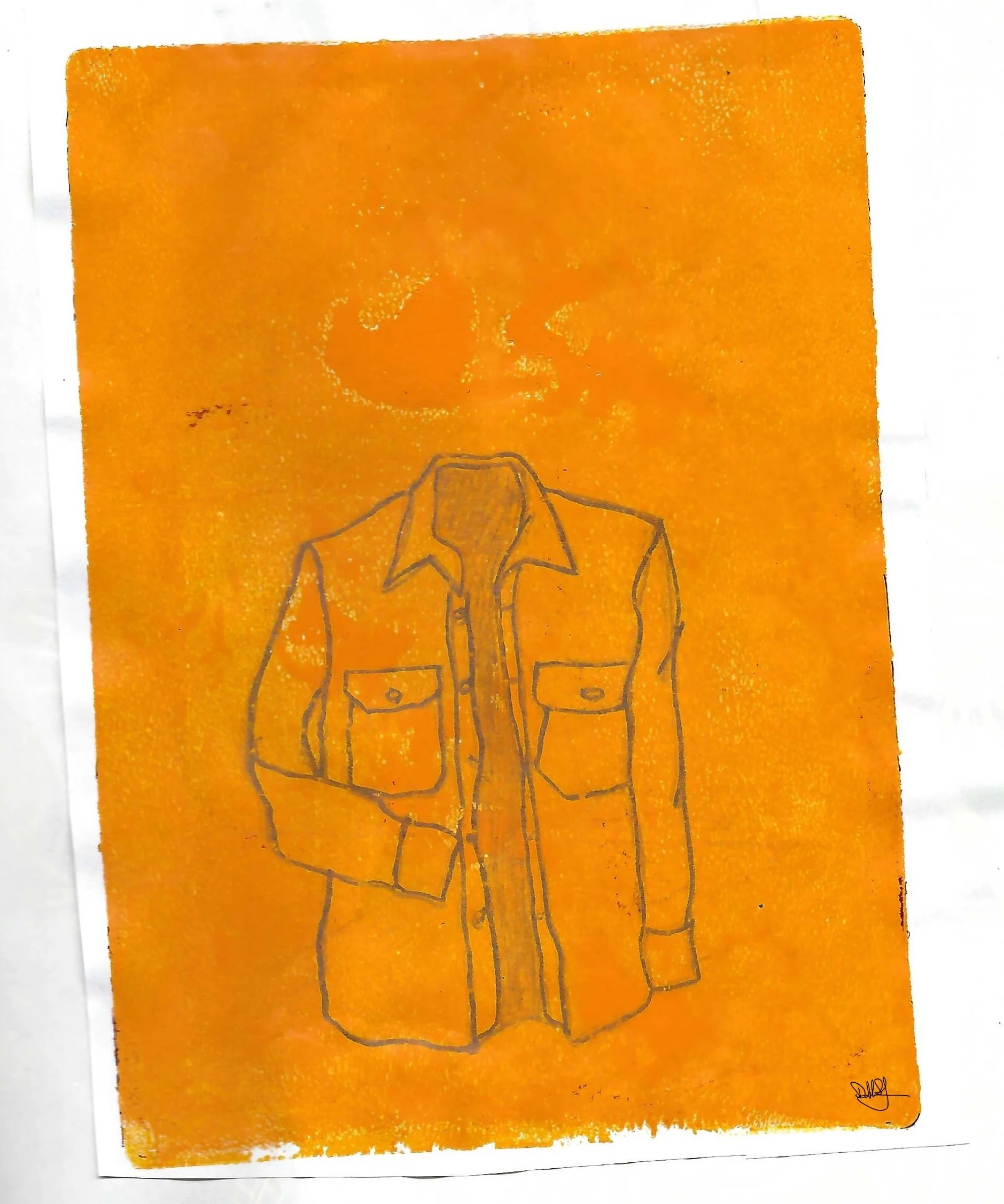 Copyright Debbi Spranza Original Art titled Old Hat. Original print of hand drawn button-up shirt on yellow orange background. May not be used without permission.