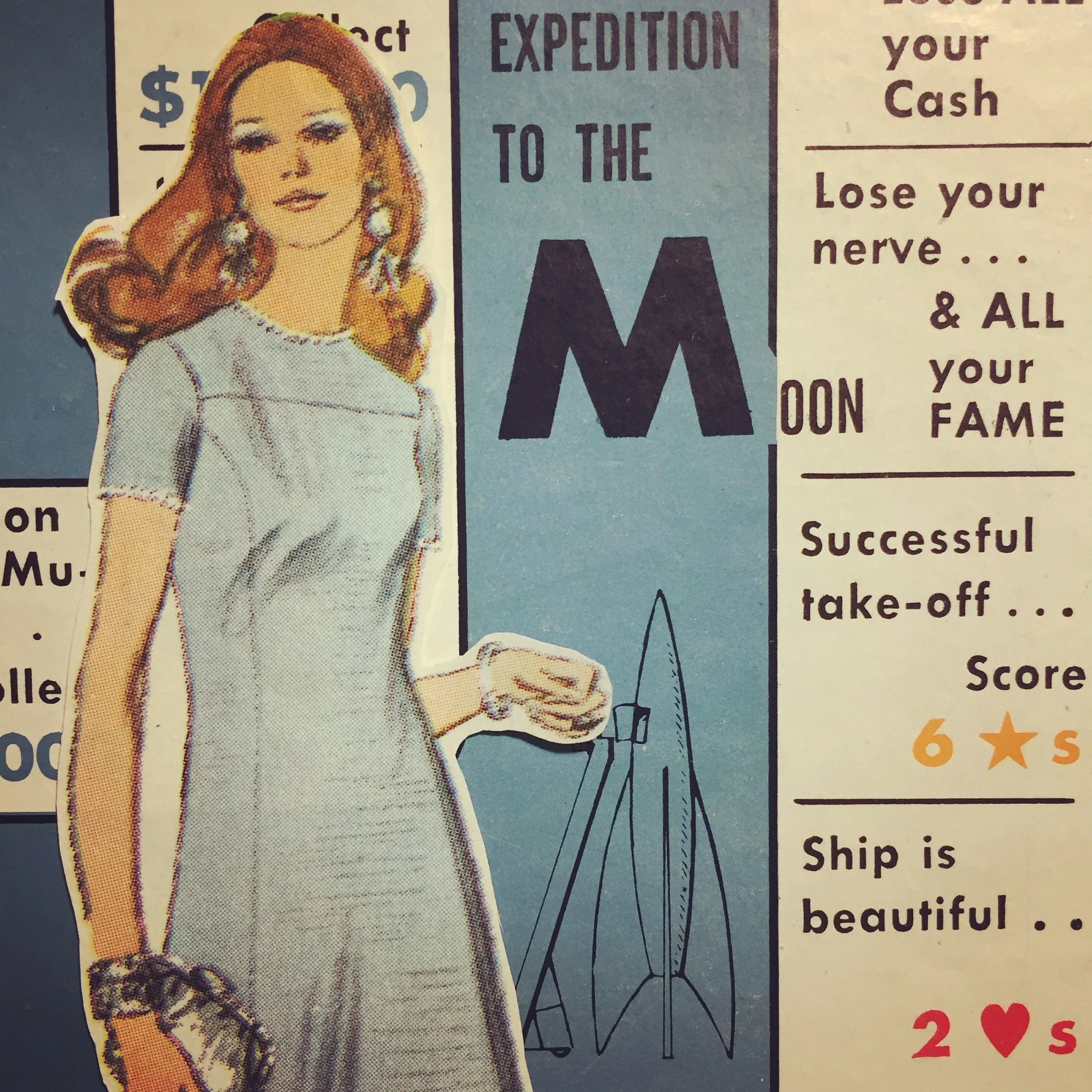 original artwork by debbi spranza paper collage red haired woman in blue 1960s style shift dress standing in front of text expedition to the moon